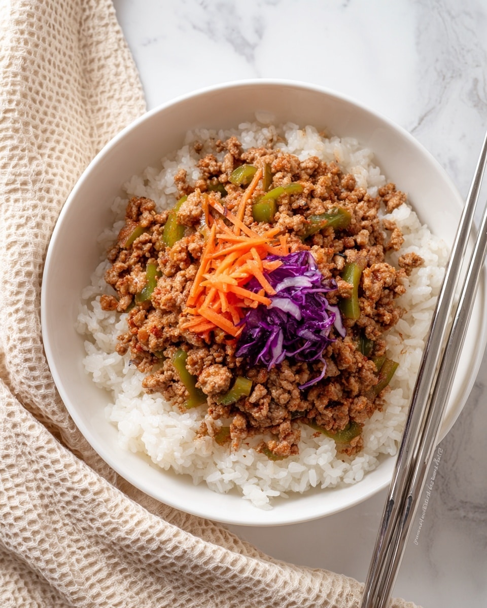 A white bowl with a base layer of fluffy white rice topped with cooked ground meat mixed with green bell peppers, and garnished with thin strips of bright orange carrot and small pieces of purple cabbage on top. The bowl is placed on a soft textured light beige cloth, all set on a white marbled surface. Photo taken with an iphone --ar 4:5 --v 7