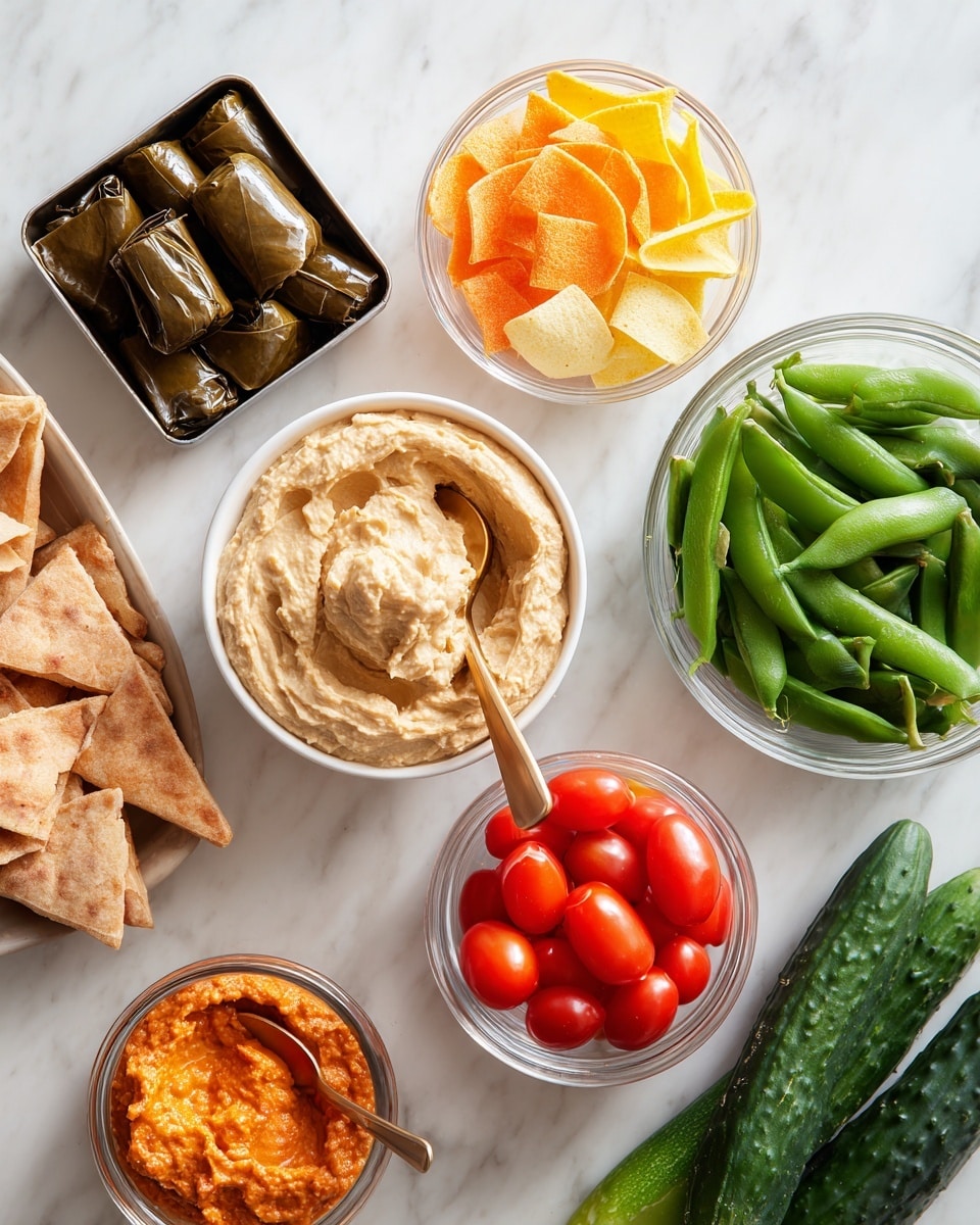 A top-down view of a variety of snacks arranged on a white marbled surface featuring seven items: a white bowl in the center with light beige creamy hummus topped with a golden spoon, above it a clear bowl with multicolored thin crunchy snacks in yellow, orange, and pale green, to the right a clear bowl filled with green snap peas, below it a clear bowl with bright red grape tomatoes, next to it three long dark green cucumbers lying beside each other, below the cucumbers a white bowl holding a reddish-orange dip, to the left a clear bowl containing triangular toasted pita chips, above it an orange bell pepper, and above that a small open tin with dark green stuffed grape leaves. photo taken with an iphone --ar 4:5 --v 7