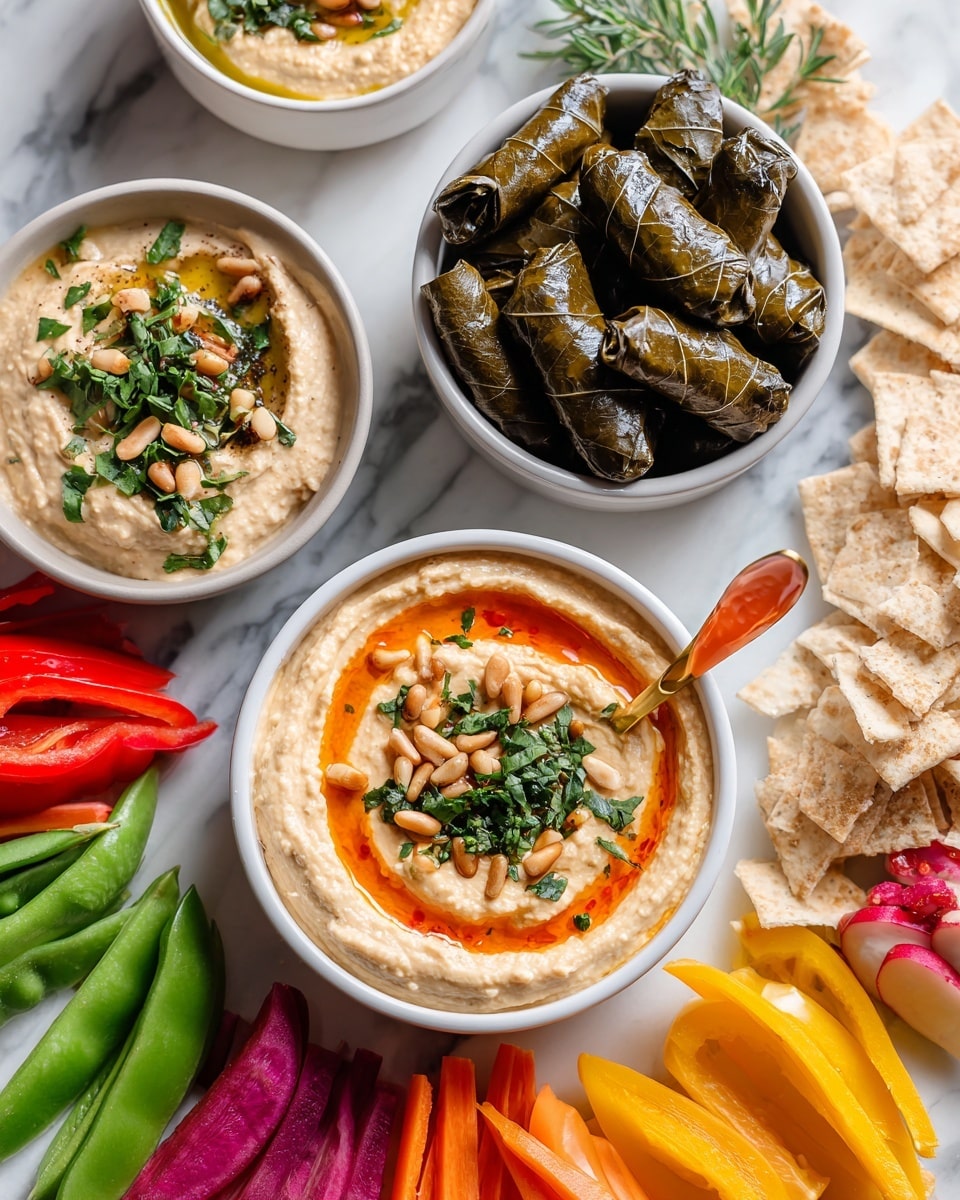A large white platter holds a colorful arrangement of snacks on a white marbled surface. At the top right, a white bowl filled with creamy light beige hummus topped with pine nuts, olive oil, and chopped green herbs sits next to thin bright red slices of radish and cucumber. Below, a cluster of purple, orange, and light yellow small carrots is placed beside a white bowl of stuffed grape leaves with a shiny, dark green surface. To the left, fresh green snap peas sit next to long, thin, crunchy-looking yellow vegetable sticks. Near the middle bottom, a white bowl contains a smooth, orange hummus topped with green herbs, with a gold spoon resting inside. Around the edges are orange and yellow pepper strips and scattered light brown flatbread chips. photo taken with an iphone --ar 4:5 --v 7