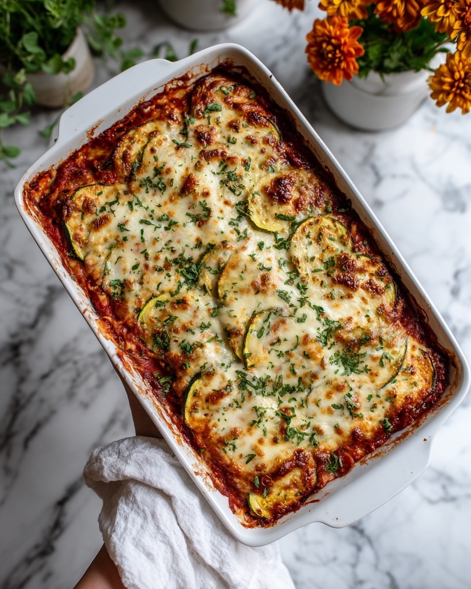A square piece of lasagna sits centered on a white plate with a floral orange and blue pattern on its rim. The lasagna has three visible layers: a bottom layer of soft pasta, a middle layer filled with red tomato sauce mixed with brown beef, and a top layer covered in melted white cheese sprinkled with grated cheese and fresh green basil leaves. A brown fork is placed to the left of the lasagna on the plate. The plate rests on a white marbled surface, and in the background, there is a glass baking dish with more lasagna and a white cloth nearby. Photo taken with an iphone --ar 4:5 --v 7