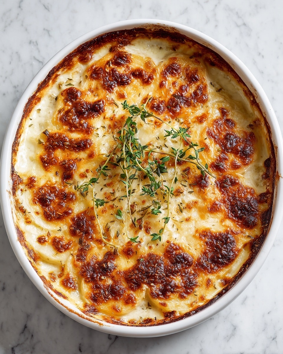 A baked dish in a white ceramic oval casserole is shown on a white marbled surface. The dish has about three visible layers: the bottom layer is a creamy mixture that is off-white and soft, the middle layer consists of tender potato slices that are pale yellow with some edges browned, and the top layer is melted cheese that is golden brown with crispy darker spots and is sprinkled with green fresh herbs, likely thyme. The edges of the casserole dish show slight browning from baking. photo taken with an iphone --ar 4:5 --v 7