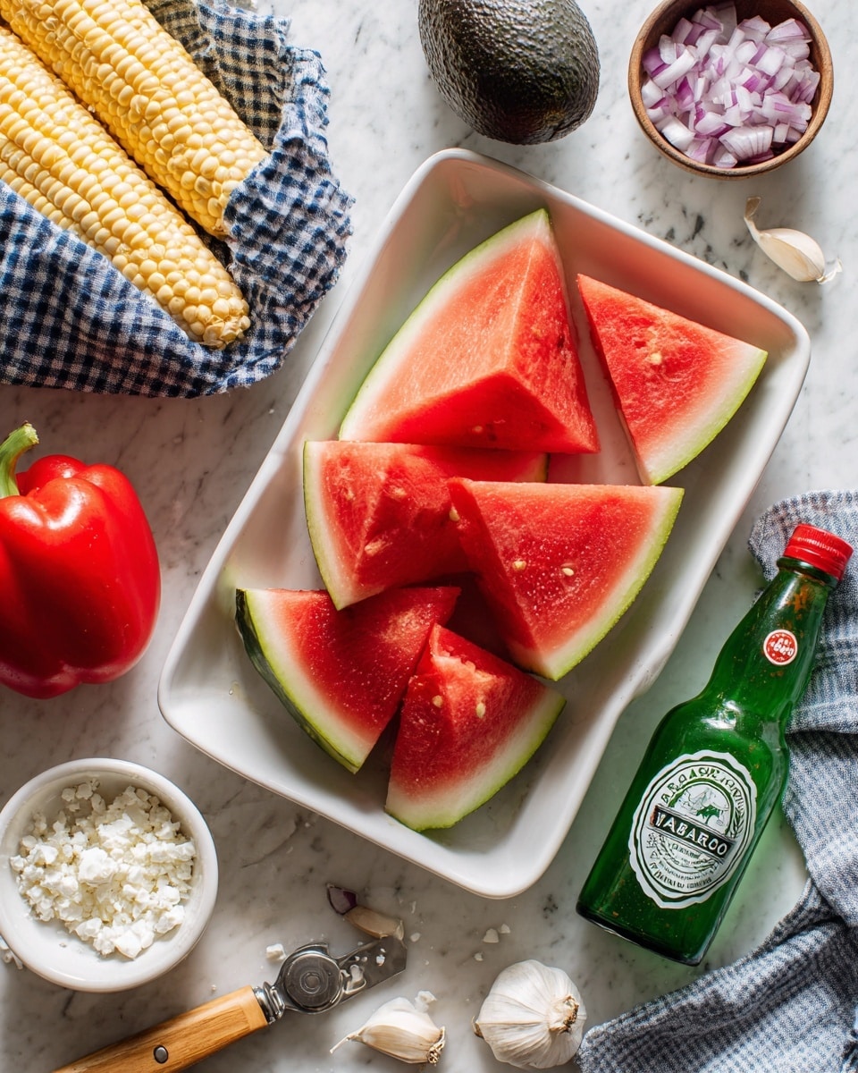 The image shows a white rectangular dish in the top right filled with six triangular slices of watermelon with bright red flesh and green rind. To the left on the white marbled surface are a whole red bell pepper, a dark avocado, a small round white bowl with chopped purple onions, and three yellow corn ears partially wrapped in a blue and white checkered cloth. Below the watermelon dish is a small white bowl filled with white crumbled cheese next to a green bottle of Tabasco sauce with a red cap. A garlic clove sits near the bottom right edge. A vegetable peeler with a wooden handle is placed diagonally near the top left. The scene is bright and neatly arranged with fresh ingredients. photo taken with an iphone --ar 4:5 --v 7