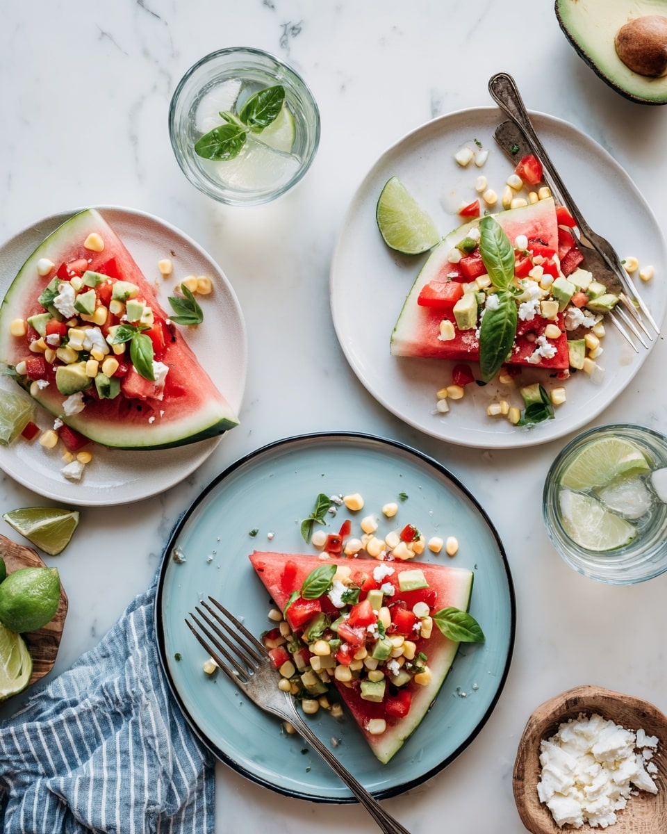 The image shows a white dish with three triangular watermelon slices layered with three toppings: diced avocado, small yellow corn kernels, red bell pepper pieces, and white cheese crumbles, garnished with green fresh basil leaves. A white plate nearby holds one similar watermelon slice with the same toppings, and a white plate in the front has one watermelon slice with two layers of toppings and basil leaves, next to a fork and knife. Some avocado halves, loose basil leaves, a small bowl of white cheese crumbles, and a small white bowl of the same diced toppings are scattered around the white marbled surface. There are two glasses with lime slices in water and a blue and white striped cloth partially on the right side. Photo taken with an iphone --ar 4:5 --v 7
