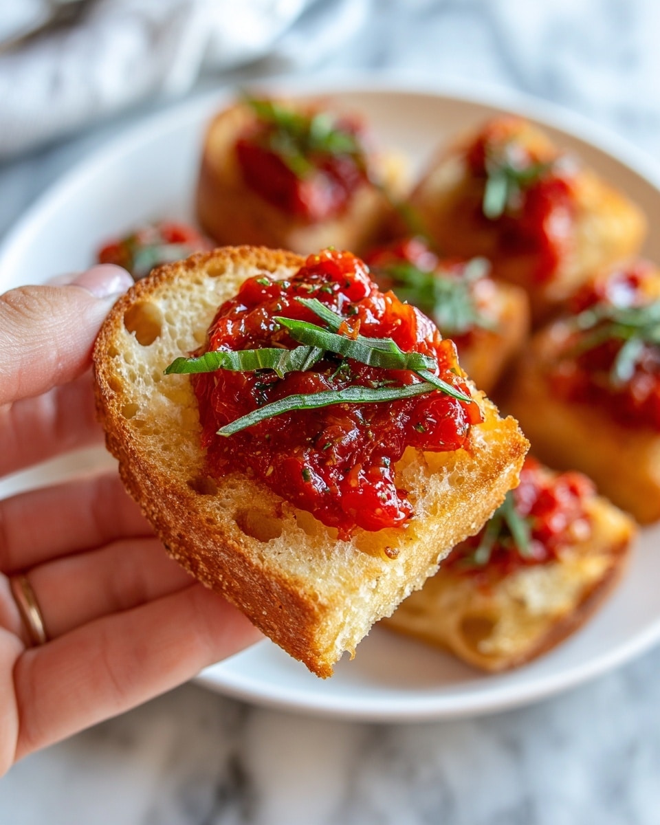 A close-up of a woman's hand holding a square, toasted piece of bread with a golden brown, crunchy texture that has small holes on its surface. On top of the bread is a bright red, slightly chunky tomato spread, glistening with moisture. Bright green thin strips of fresh basil are placed on the tomato layer, adding contrast and freshness. The background shows a white plate with more toasted bread pieces topped with the same tomato mixture, all set on a white marbled surface. photo taken with an iphone --ar 4:5 --v 7