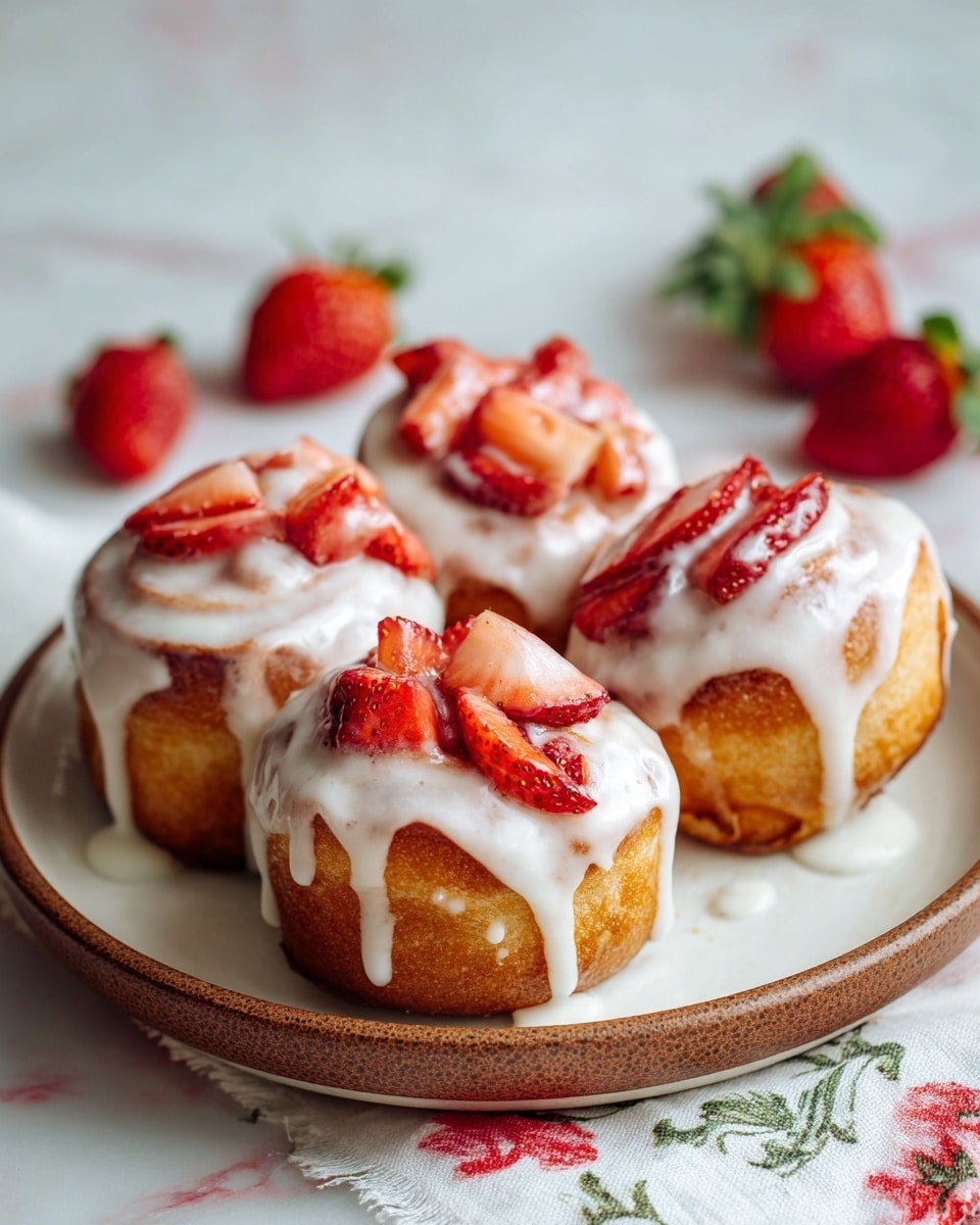 Four small sweet rolls sit closely in a round white plate with a brown rim. Each roll is topped with thick white icing that drips gently over its edges. Inside the swirls of dough, bright red sliced strawberries are placed like rose petals, adding texture and vibrant color to the smooth icing and golden brown rolls. The plate rests on a white cloth with red and green patterns on a white marbled surface, with some whole strawberries visible in the soft background. The scene is warm and inviting, focused on the bright, glossy strawberries and the creamy glaze photo taken with an iphone --ar 4:5 --v 7