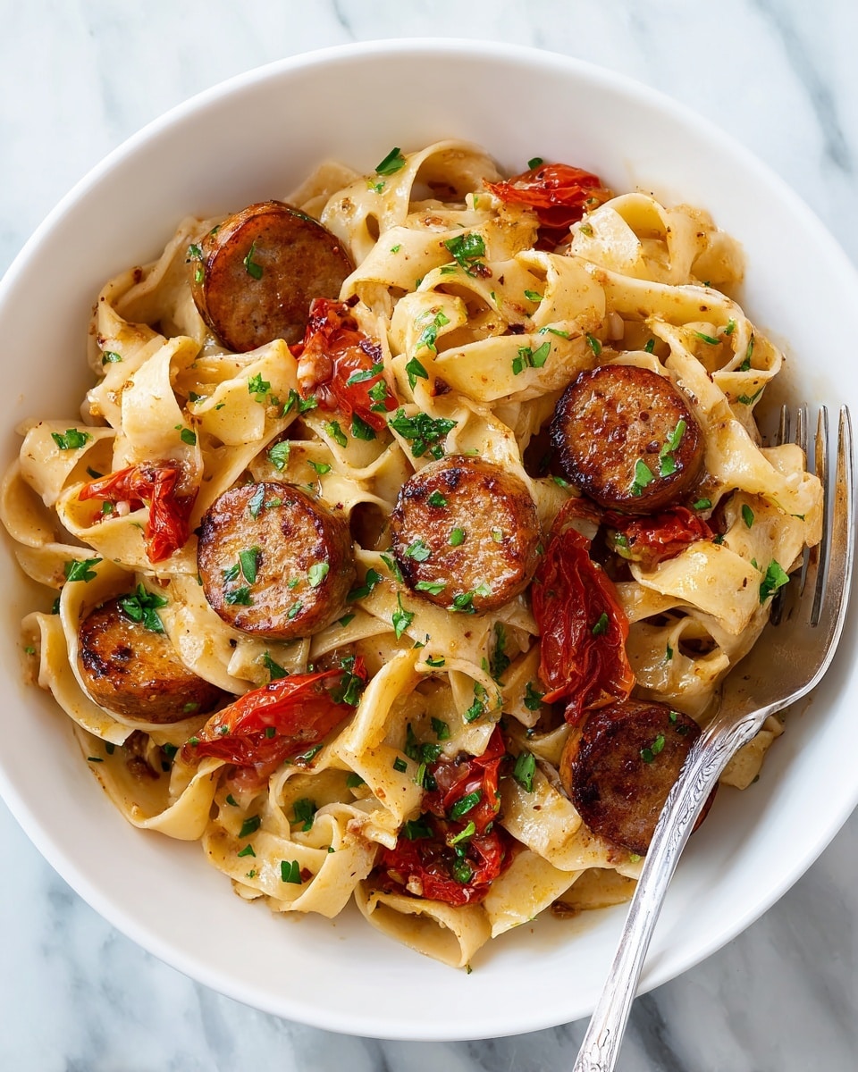 A white plate holds creamy pasta with wide, flat noodles covered in a light tan sauce. Scattered on top are round, browned sausage slices with a firm texture, and roasted bright red tomato pieces. Fresh green herbs are sprinkled all over, adding a pop of color against the creamy sauce and noodles. The dish is slightly glossy from the sauce, with a few specks of black pepper visible. A silver fork rests on the edge of the plate, and the plate sits on a white marbled surface. photo taken with an iphone --ar 4:5 --v 7