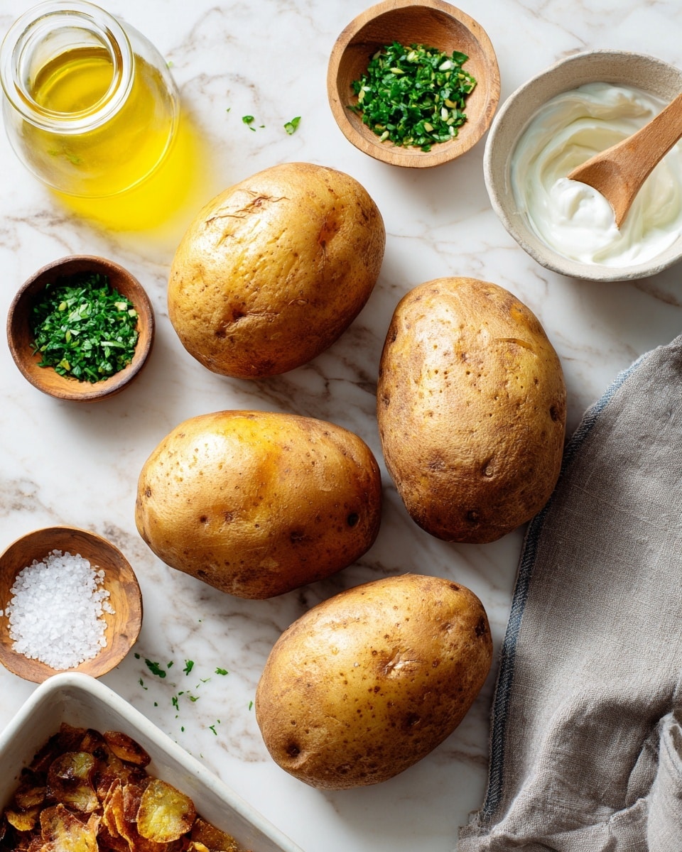 Four whole potatoes with light brown skin sit on a white marbled surface, surrounded by a small wooden bowl of chopped green herbs, a glass jar of yellow oil, a white bowl filled with smooth white sauce with a wooden spoon resting inside, a small wooden bowl of white salt, and a white sheet pan holding crunchy browned bits. A gray cloth napkin is placed near the potatoes. Photo taken with an iphone --ar 4:5 --v 7