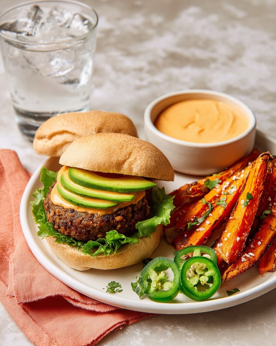 On a white plate with a white marbled texture background, there is a burger with two halves of a round bun; the bottom half has a fresh green leaf of lettuce, topped with a thick, browned patty with a rough texture and some green herbs visible. The top half of the bun is spread with orange creamy sauce and layered with three slices of peeled avocado in light green color. Next to the burger are orange sweet potato fries with a slightly charred look, sprinkled with coarse white salt and small green herb bits. There are three slices of fresh green jalapeño pepper on the plate next to the burger. Above the plate, there is a small white bowl filled with the same orange creamy sauce. To the left, there is a clear glass of ice water. A peach-colored napkin is placed under the plate on the left side. Photo taken with an iphone --ar 4:5 --v 7