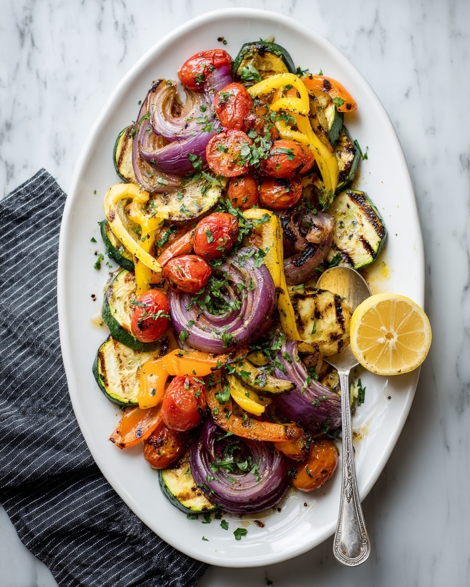 A white oval plate holds a colorful mix of grilled vegetables arranged in a slightly layered pile. At the bottom are round slices of yellow squash and green zucchini with light charring, layered with bright orange bell pepper pieces and deep red cherry tomatoes with slight grill marks. On top are wedges of red onion with browned edges and a sprinkling of chopped green herbs over everything. To the right side of the plate is a lemon half with a bright yellow peel facing up, next to a silver spoon placed on the plate’s edge. The plate sits on a white marbled surface with a dark blue striped cloth partially visible underneath. Photo taken with an iphone --ar 4:5 --v 7
