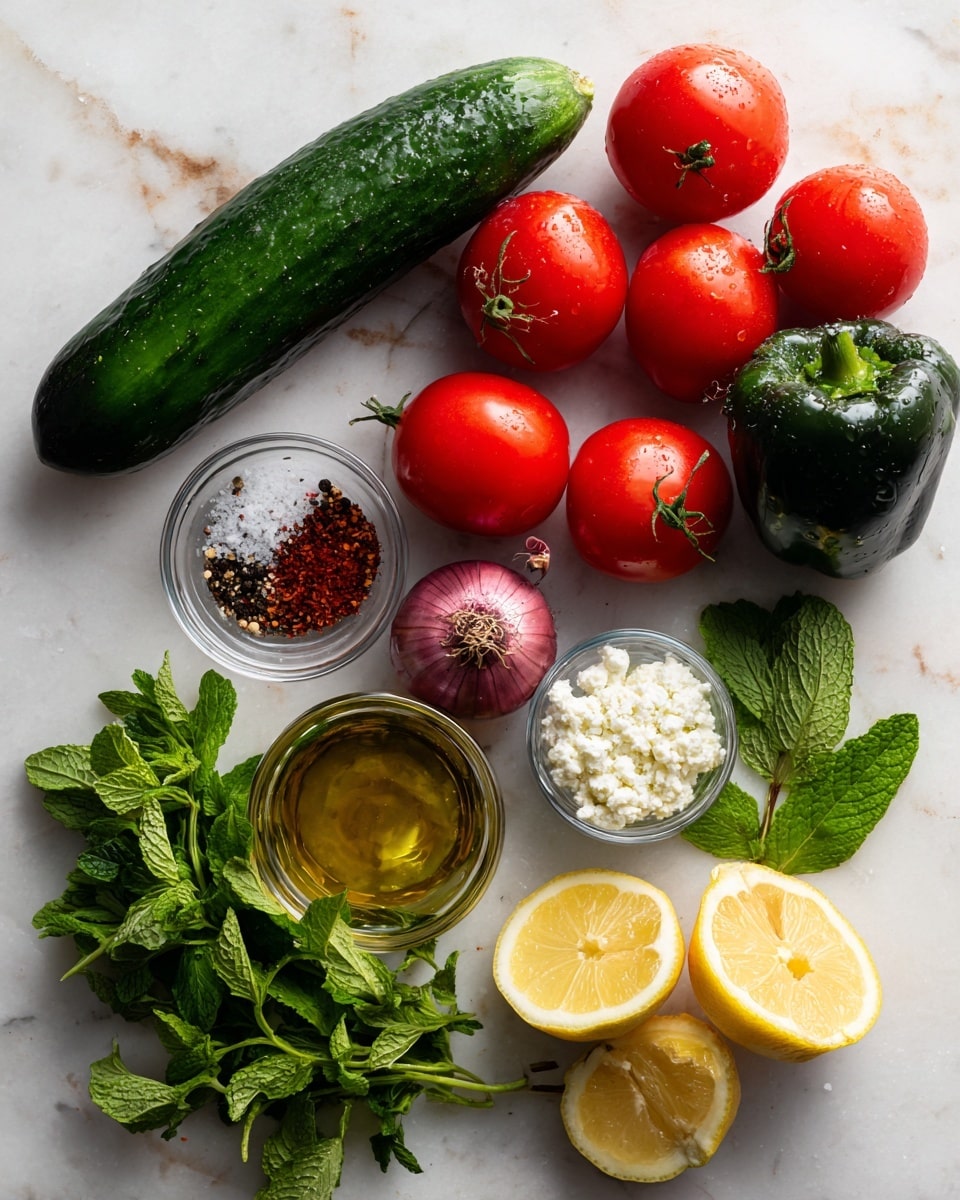 A fresh and colorful layout of ingredients is arranged on a white marbled surface. Starting from the top left, a long dark green cucumber lies next to four bright red roma tomatoes in a loose cluster. To the right, a dark green bell pepper rests nearby two light purple shallots. Below, a small glass bowl holds a mix of coarse white salt and dark red spices, next to a small glass jar filled with golden olive oil. At the bottom, fresh green mint leaves and parsley sprigs are spread out beside two halves of a bright yellow lemon. A small transparent bowl filled with white crumbled cheese completes the arrangement, creating a fresh and vibrant mix of textures and colors. Photo taken with an iphone --ar 4:5 --v 7