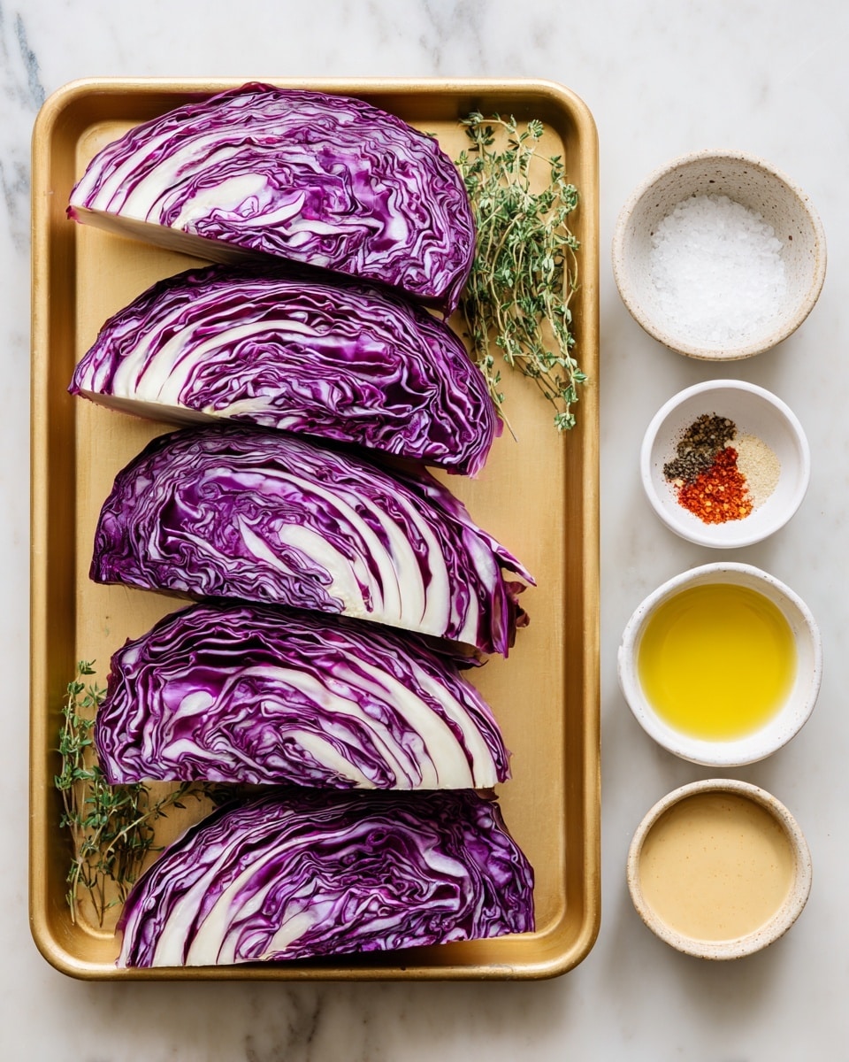 The image shows a gold baking tray on a white marbled surface, holding seven pieces of red cabbage wedges arranged in two rows. Each wedge displays layers of deep purple and white veins, creating a rich texture. To the right of the tray, there are five small white bowls with different ingredients: coarse salt mixed with red pepper flakes, light brown miso paste, golden olive oil, fresh thyme sprigs, and creamy beige tahini. The setup is clean and bright, focusing on the vibrant colors of the cabbage and the simple natural tones of the ingredients. Photo taken with an iphone --ar 4:5 --v 7