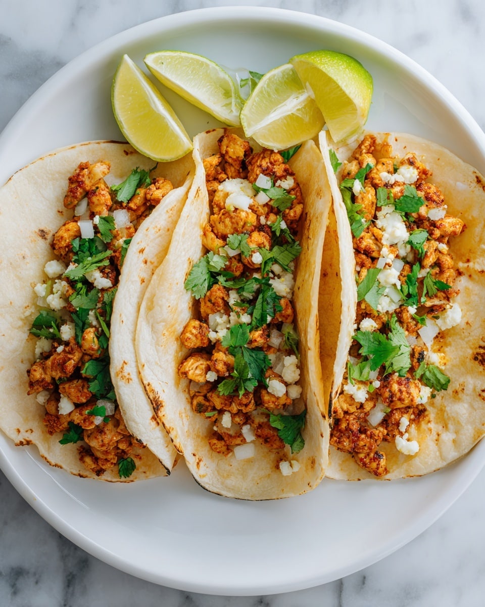 Three soft white tortillas are folded and placed side by side on a white plate. Inside each tortilla, there is a layer of small, browned pieces of cooked chicken with a seasoned, slightly crispy texture. Scattered on top of the chicken are small white chunks of cheese and finely chopped white onion pieces. Bright green cilantro leaves are sprinkled over the filling for color. Each taco is topped with a wedge of yellow lime. The whole plate sits on a white marbled surface. Photo taken with an iphone --ar 4:5 --v 7