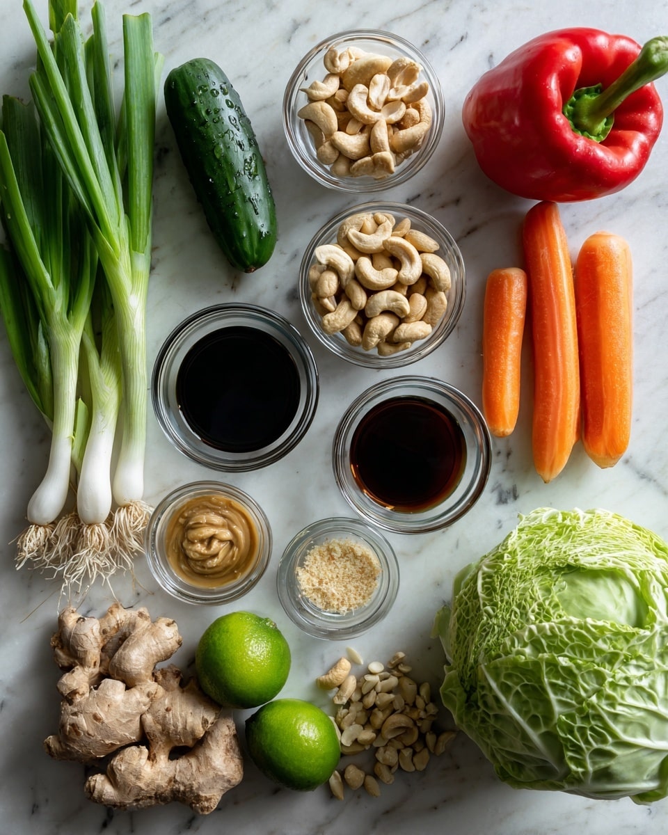 The image shows an arrangement of fresh ingredients on a white marbled surface. On the left, there are green onions with white roots and long green tops, and beside them is a dark green cucumber. To the right, there is a bright red bell pepper next to two orange carrots. In the center, there are small glass bowls containing light brown cashews, a dark liquid, a clear liquid, and a small amount of beige mustard. Below the bowls, there are more ingredients including a green lime, chopped nuts in a bowl, a cluster of ginger root, a garlic clove, and a large leafy green cabbage taking up the bottom right. The items are evenly spaced and colorful, showing a fresh and healthy selection. Photo taken with an iphone --ar 4:5 --v 7