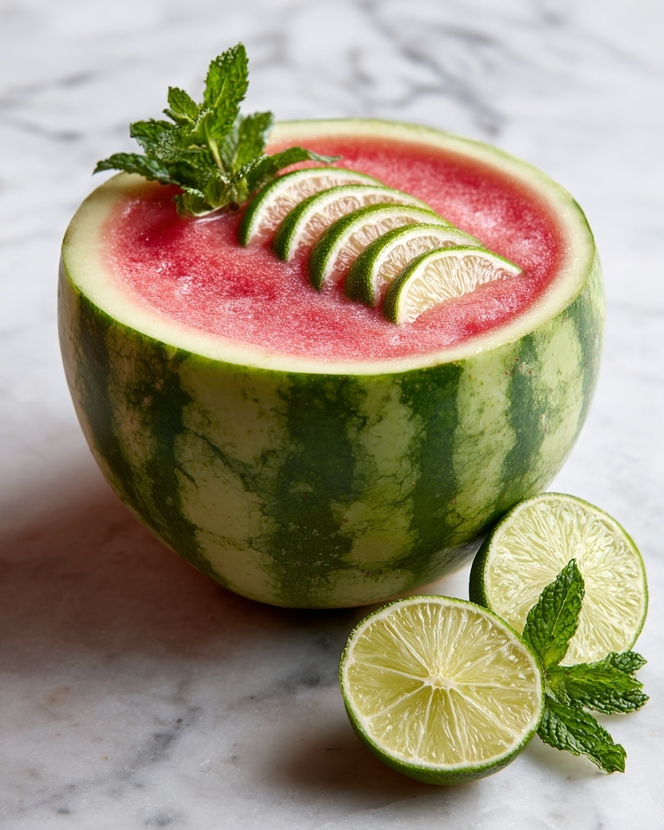 A hollowed half watermelon serves as the base, showing its smooth green outer skin with darker green stripes, filled to the top with a thick pink watermelon smoothie that has a creamy and slightly textured surface. On top of the smoothie are three thin slices of lime arranged in a curved stack, accompanied by a small bunch of fresh green mint leaves standing upright. To the side, there is a matching watermelon half showing the pink fruit and seeds inside, along with scattered lime wedges on a white marbled surface. photo taken with an iphone --ar 4:5 --v 7