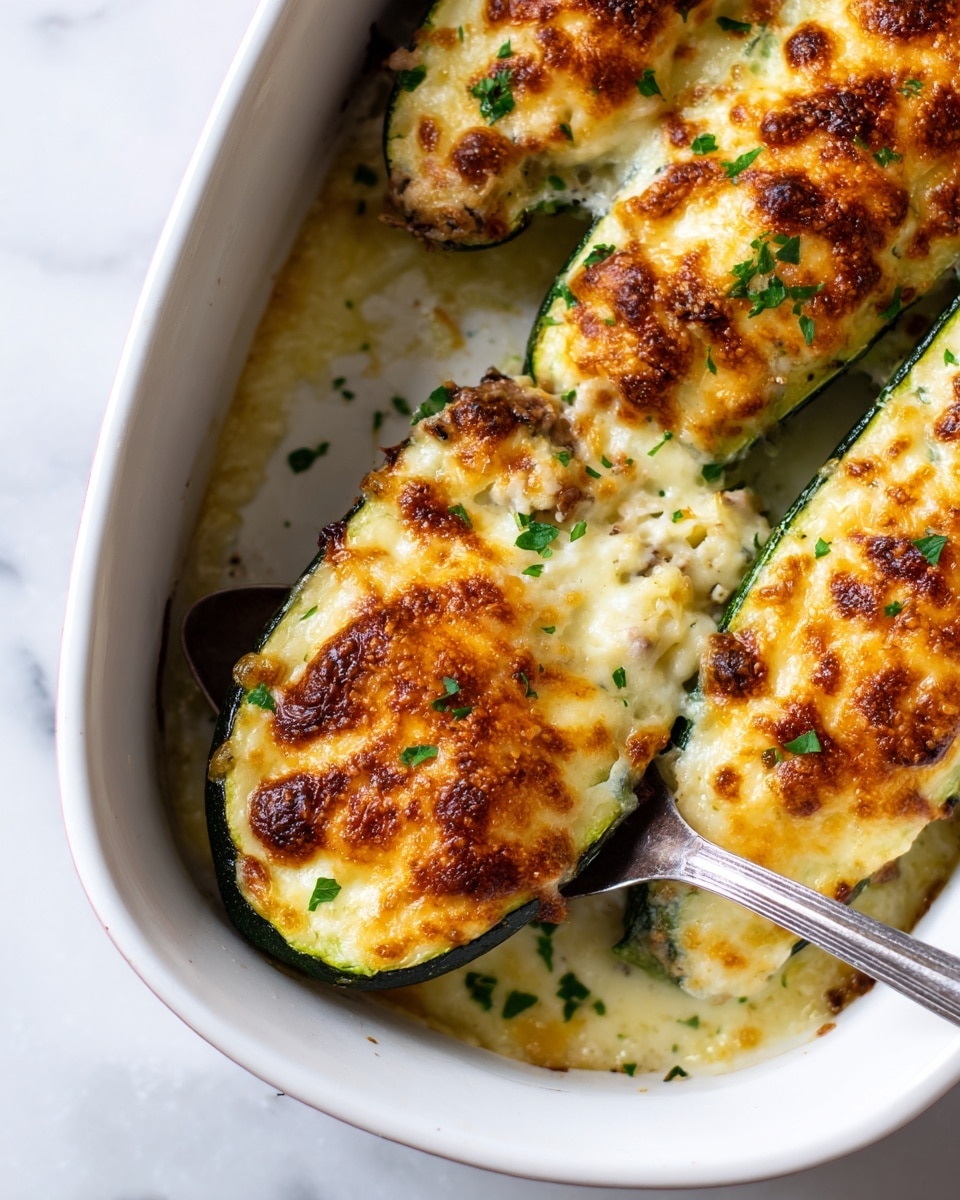 The image shows two baked zucchini halves filled with a colorful mixture, topped with a thick layer of melted cheese that is golden brown with some darker browned spots, sprinkled with small chopped green herbs. The zucchini skin is dark green and glossy, forming the base layer, holding the filling inside. The filling underneath the cheese looks creamy and slightly textured with bits of ingredients, visible around the edges where the cheese bubbled and browned. The white baking dish has some browned spots from cooking and a spoon is lifting one zucchini half, showing the thickness and softness of the layers. The dish rests on a white marbled surface. Photo taken with an iphone --ar 4:5 --v 7