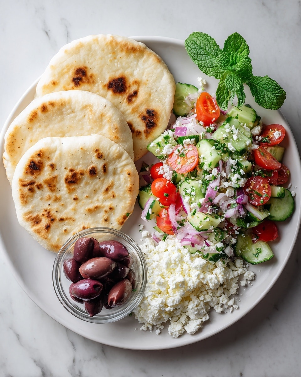 The image shows a white plate with three pieces of light beige pita bread folded and placed on the left side. On the right side, there is a colorful salad made of chopped green cucumbers, red tomatoes, fresh green herbs, and some small bits of white cheese spread throughout. Next to the salad, there is a small pile of crumbled white cheese. In the bottom left corner of the plate, there is a small clear glass bowl filled with dark purple olives. The plate is placed on a white marbled surface. photo taken with an iphone --ar 4:5 --v 7