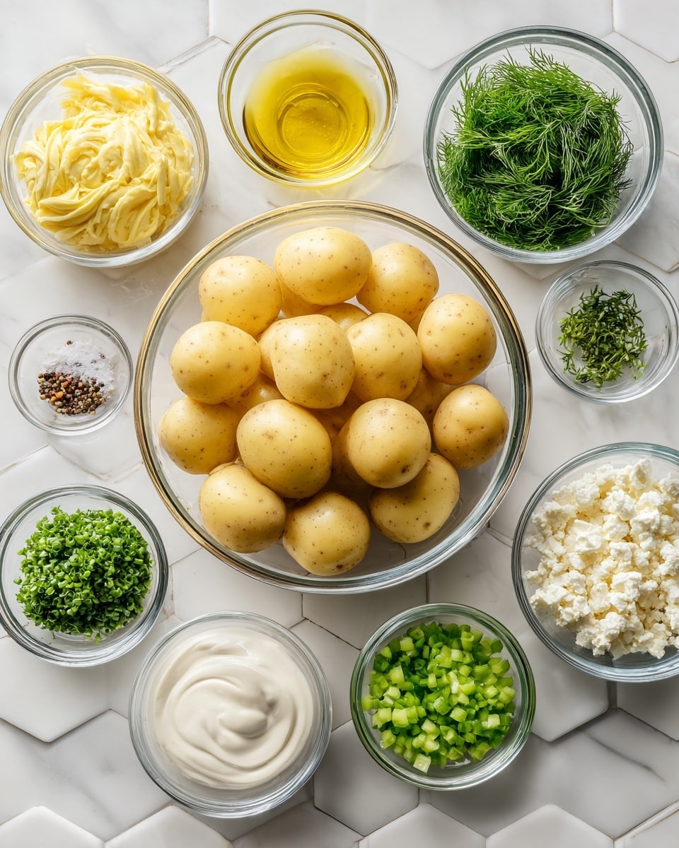 The image shows a clear glass bowl in the center filled with smooth, round, light yellow baby gold potatoes. Surrounding it are smaller clear glass bowls arranged neatly on a white marbled hexagonal tile surface. From top left moving clockwise, the bowls hold pale yellow Dijon mustard with a creamy texture, golden olive oil smooth and shiny, bright green chopped celery with a fresh crisp look, finely chopped fresh dill dark green and feathery, crumbled white feta cheese with a crumbly dry texture, finely chopped dark green parsley, off-white creamy Greek yogurt, finely chopped bright green scallions, and pale yellow garlic paste with a smooth thick texture. There are also tiny clear bowls nearby with golden pickle juice, and coarse salt and black pepper. A larger clear bowl near the bottom center holds smooth white mayo. All items are spread evenly and clearly visible. Photo taken with an iphone --ar 4:5 --v 7