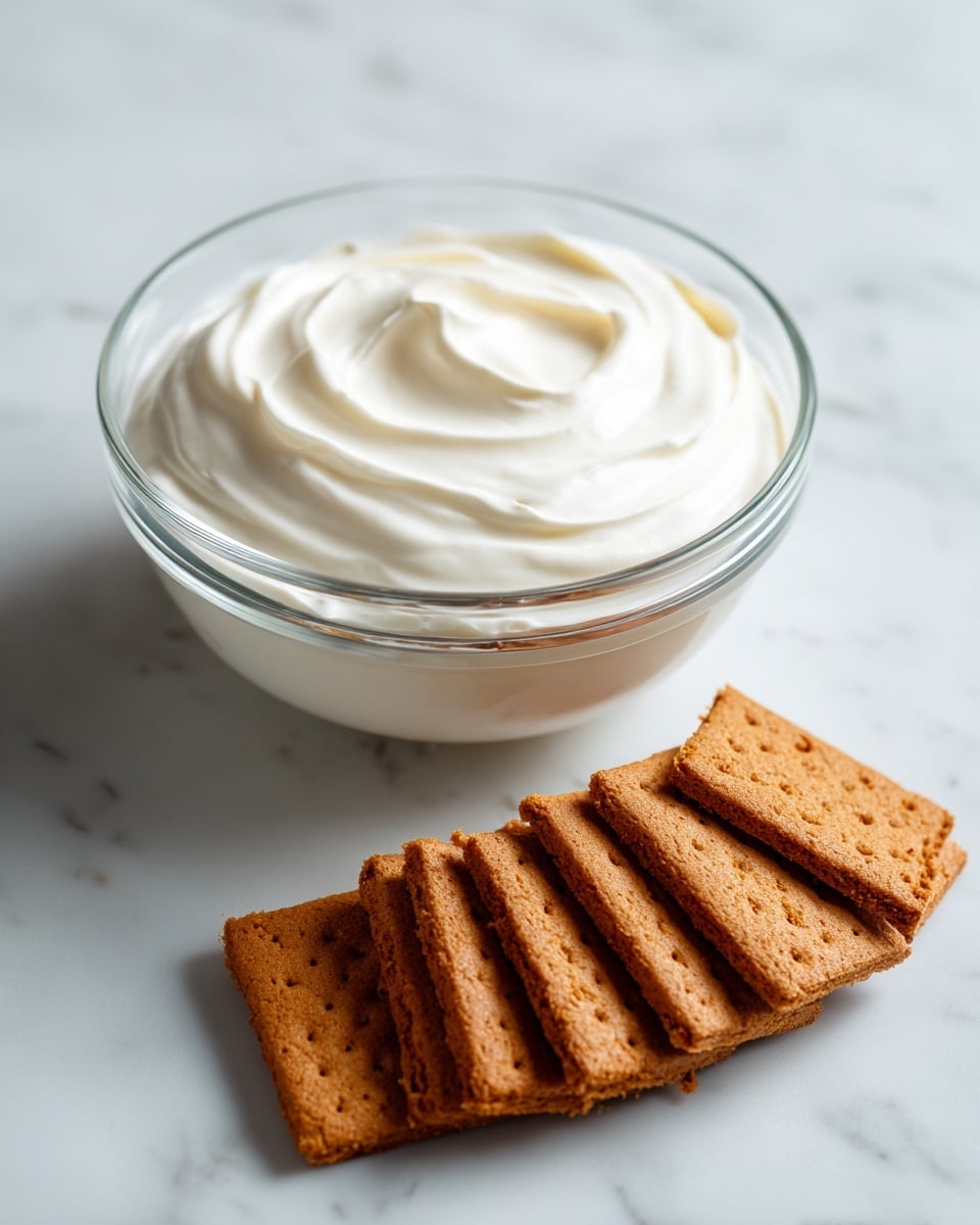A clear glass bowl filled with a thick, creamy layer of smooth, white vanilla Greek yogurt sits on a white marbled surface. Next to the bowl, there is a neat row of seven Biscoff cookies placed side by side, showing their rectangular shape and warm brown color with a slightly rough texture. The bowl and cookies are arranged simply with no extra decoration. photo taken with an iphone --ar 4:5 --v 7