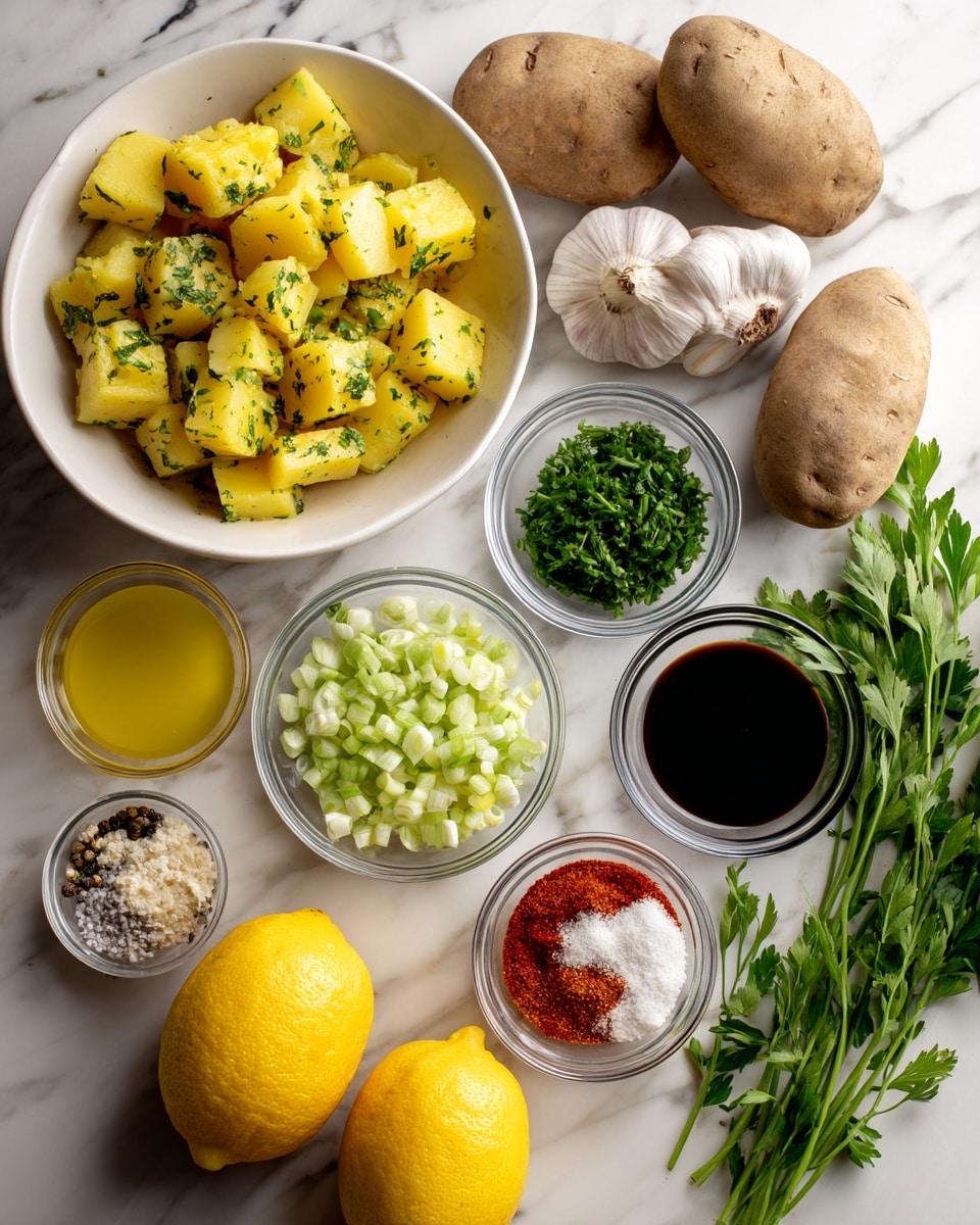 The image shows a collection of ingredients arranged on a white marbled surface, including a white bowl filled with yellow potato cubes with herbs, two whole potatoes, a whole onion, two garlic bulbs, three small clear bowls containing chopped green herbs, finely chopped celery, and diced onion, one bowl with a dark liquid, one bowl with yellow oil, and one bowl with a mix of spices including red powder and white granules. There are fresh green herb sprigs and two bright yellow lemons placed near the bottom. Photo taken with an iphone --ar 4:5 --v 7