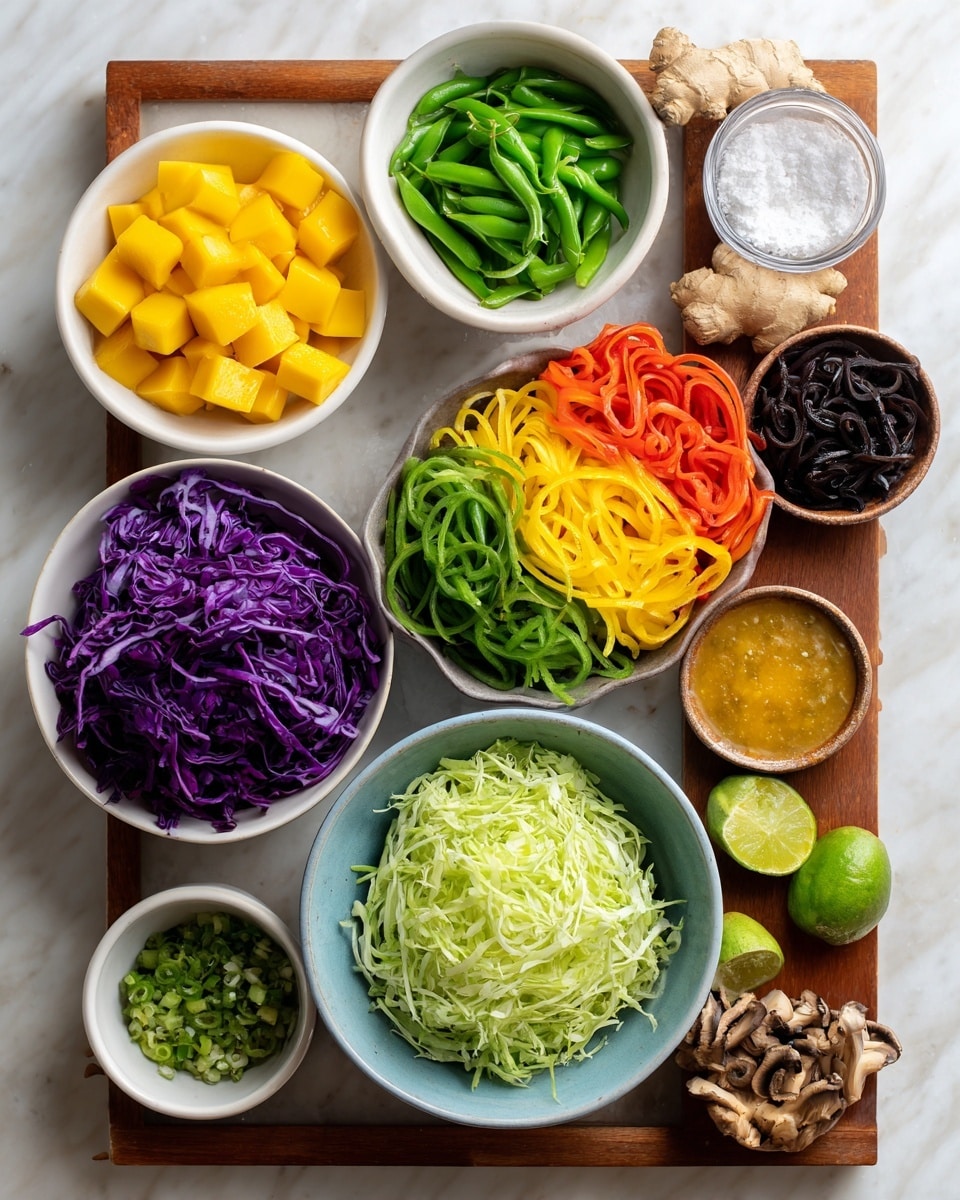 The image shows several white bowls and a wooden tray arranged on a white marbled surface, each filled with different colorful ingredients. There is a white bowl with bright yellow mango cubes at the bottom left, next to it a white bowl with shredded deep purple cabbage. Above these, a white bowl holds green sliced vegetables that look like snow peas, yellow shredded pieces resembling mango, and red sliced bell peppers, all neatly layered side by side. At the center, there is a light blue bowl filled with shredded green lettuce, and below it a smaller bowl with light green shredded cabbage. To the right, a brown bowl contains thin shredded orange carrots and black mushrooms. Next to that are two small bowls with sauces; one is green and chunky, while the other is smooth and yellow-orange. At the top right, a wooden tray holds ginger root, a whole lime, a glass filled with lime wedges and salt, and a small glass jar with a white powder. A white ceramic bowl filled with sliced green chili peppers sits just above the blue bowl of shredded lettuce. The overall look is fresh and vibrant, with each ingredient distinct and neatly organized. photo taken with an iphone --ar 4:5 --v 7