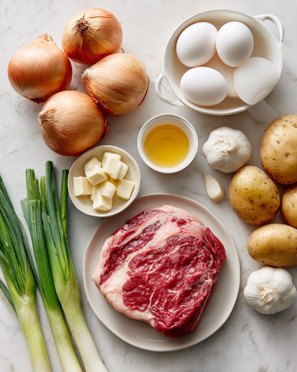 A group of raw cooking ingredients spread on a white marbled surface, including a round white plate holding a piece of raw steak with red and light pink marbled texture and veins of fat around the edges; three golden brown onions with smooth skins near a white ceramic ramekin; a small clear glass bowl with amber olive oil; two white eggs with smooth shells; a whole garlic bulb with white papery skin and root ends; three fresh green onions with white roots at the bottom and dark green tops; seven small light brown potatoes with speckled skin; and a small white dish holding several chunks of white cheese with a smooth texture photo taken with an iphone --ar 4:5 --v 7