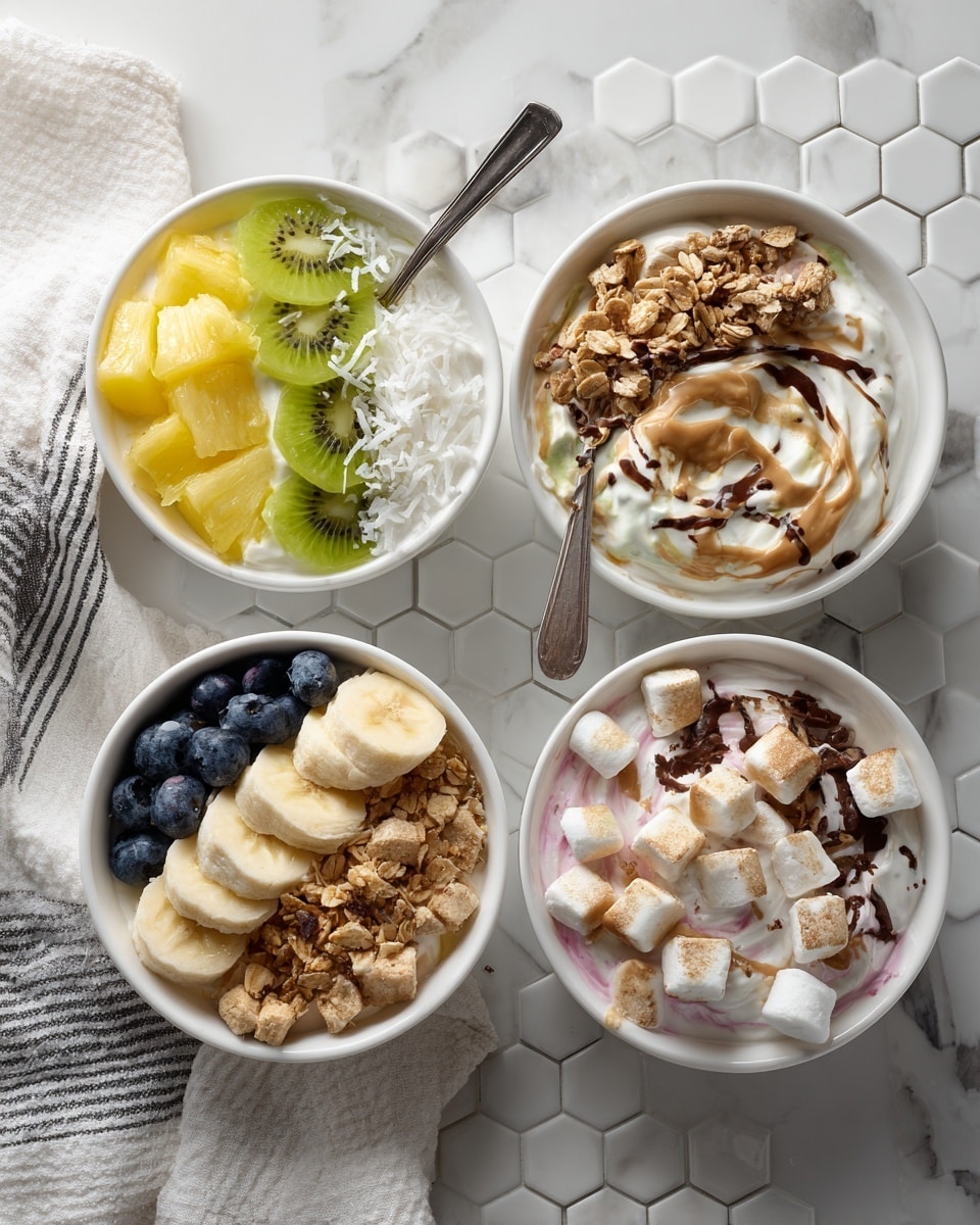 Four white bowls sit on a white marbled surface, each filled with yogurt topped with different colorful ingredients. The top left bowl shows a layer of white yogurt topped with bright yellow mango chunks on one half and green kiwi slices on the other, sprinkled with white shredded coconut. The top right bowl contains yogurt mixed with a red berry sauce, topped with crushed golden caramel pieces and drizzled with light brown peanut butter. The bottom left bowl has yogurt topped with sliced yellow bananas, fresh dark blue blueberries, crunchy brown granola, and a drizzle of peanut butter. The bottom right bowl holds yogurt covered with small white marshmallows, chunks of golden crackers, dark chocolate pieces, and a drizzle of chocolate syrup. Each bowl has a spoon inside. A gray and white striped cloth is placed near the bottom left corner. Photo taken with an iphone --ar 4:5 --v 7