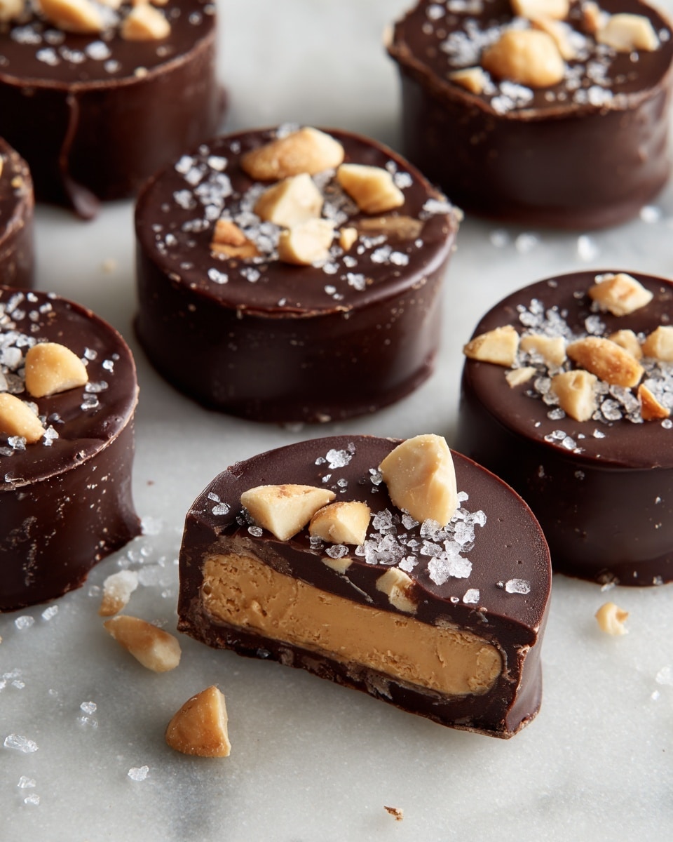 The image shows several small, round treats covered in dark chocolate with a smooth and shiny texture on a white marbled surface. Each treat is topped with pieces of chopped nuts, creating a rough, uneven layer on top. Some pieces are whole, while others are cut in half, revealing three layers inside: a glossy, rich dark chocolate outer layer, a creamy light brown peanut butter center, and a thin, darker brown layer closest to the chocolate coating. The treats are sprinkled lightly with coarse salt crystals, adding a contrasting white sparkle on the dark surface. Photo taken with an iphone --ar 4:5 --v 7
