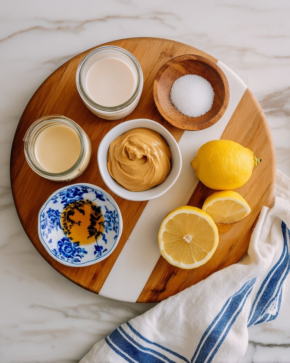 A round wooden cutting board with a white strip across the center holds six ingredients arranged neatly: two halves of a bright yellow lemon on the right side, a small white bowl with a smooth mustard-colored paste above the lemons, a wooden bowl of white salt on the far right, a small white cup filled with thick beige tahini on the left side, a glass jar of creamy white liquid above it, a small glass jar with pale yellow liquid below the cup, and a small white dish with blue floral patterns containing a small amount of amber liquid at the bottom center. A white cloth with blue stripes lies at the bottom right corner on a white marbled surface. photo taken with an iphone --ar 4:5 --v 7