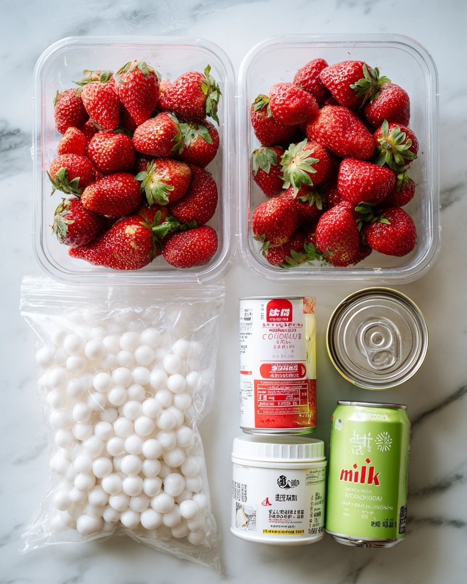 The image shows fresh red strawberries with green leaves in two clear plastic containers placed side by side on a white marbled surface. Below the strawberries, there is a sealed plastic bag containing small white tapioca pearls with red and black text on the packaging. To the right, there is a small white can of sweetened condensed milk with red and white labeling, followed by a white can of nata de coco (coconut jelly) with a yellow label. In front of the cans, there is a green and white can of unsweetened coconut milk. The arrangement is neat, and the colors are bright and clean. Photo taken with an iphone --ar 4:5 --v 7