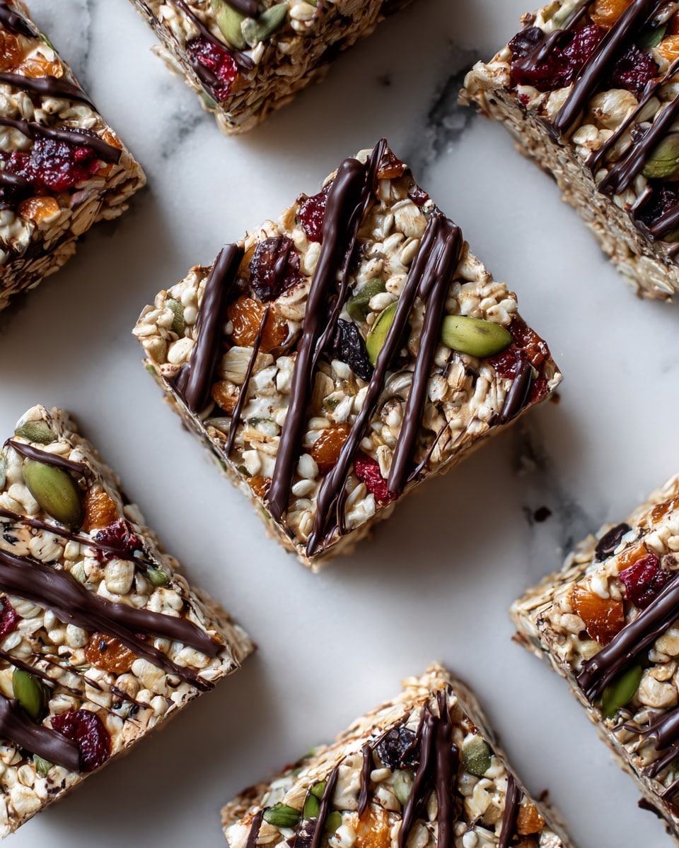 The image shows several square granola bars arranged closely on a white textured plate over a white marbled surface. Each granola bar has a base layer loaded with bits of nuts, seeds, and dried fruits in shades of brown, red, green, and yellow. The bars are drizzled generously with dark chocolate in thin, uneven lines across the top, adding a glossy, rich texture. Small white flakes, possibly sea salt, are sparsely sprinkled over the bars, enhancing their detail and contrast. Photo taken with an iphone --ar 4:5 --v 7