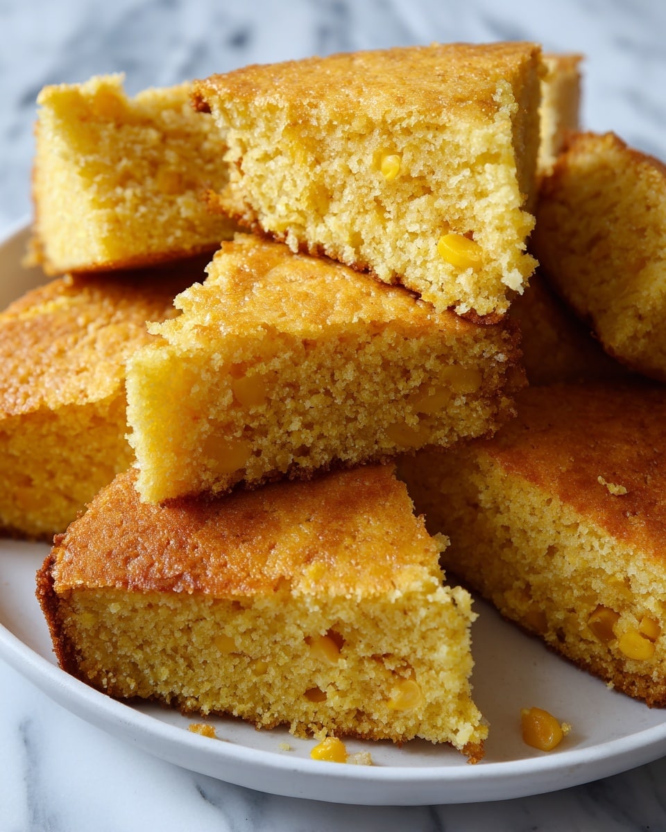 The image shows several pieces of cornbread arranged closely on a white plate. Each piece is triangular with a light golden brown crust on the outside and a crumbly, moist interior studded with whole corn kernels. The cornbread texture looks soft but slightly crumbly, with small cracks on the surface showing a dense yet tender crumb. The pieces vary slightly in size and are casually placed, filling the plate. The white plate contrasts with the warm yellow tones of the cornbread. The background is a white marbled surface. Photo taken with an iphone --ar 4:5 --v 7