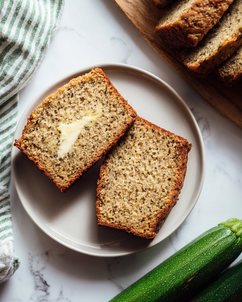 A loaf of golden-brown zucchini bread with a rough, cracked top surface sits on a wooden board on a white marbled background. The loaf is partially sliced, revealing soft, moist, light brown cake inside with visible bits of zucchini. One slice in the middle foreground has a thick, uneven layer of creamy white butter spread on top. To the left of the bread is a silver butter knife with some butter on the blade, resting near a folded green and white checkered cloth and two small green zucchinis. A small beige bowl filled with smooth, pale yellow butter is positioned near the lower right corner. Photo taken with an iphone --ar 4:5 --v 7