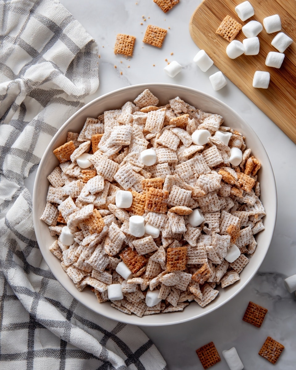 A close-up top view of a white bowl filled with multiple pieces of snack mix layered with a light gray coating. The mix includes small square cereal pieces and bits of broken brown crackers spread throughout. Scattered in the mix are small white marshmallows that add contrast. The bowl is placed on a surface with a white marbled texture, and some white marshmallows and cracker crumbs are visible around the bowl. A gray and white checkered cloth is partly visible near the top left corner. Photo taken with an iphone --ar 4:5 --v 7