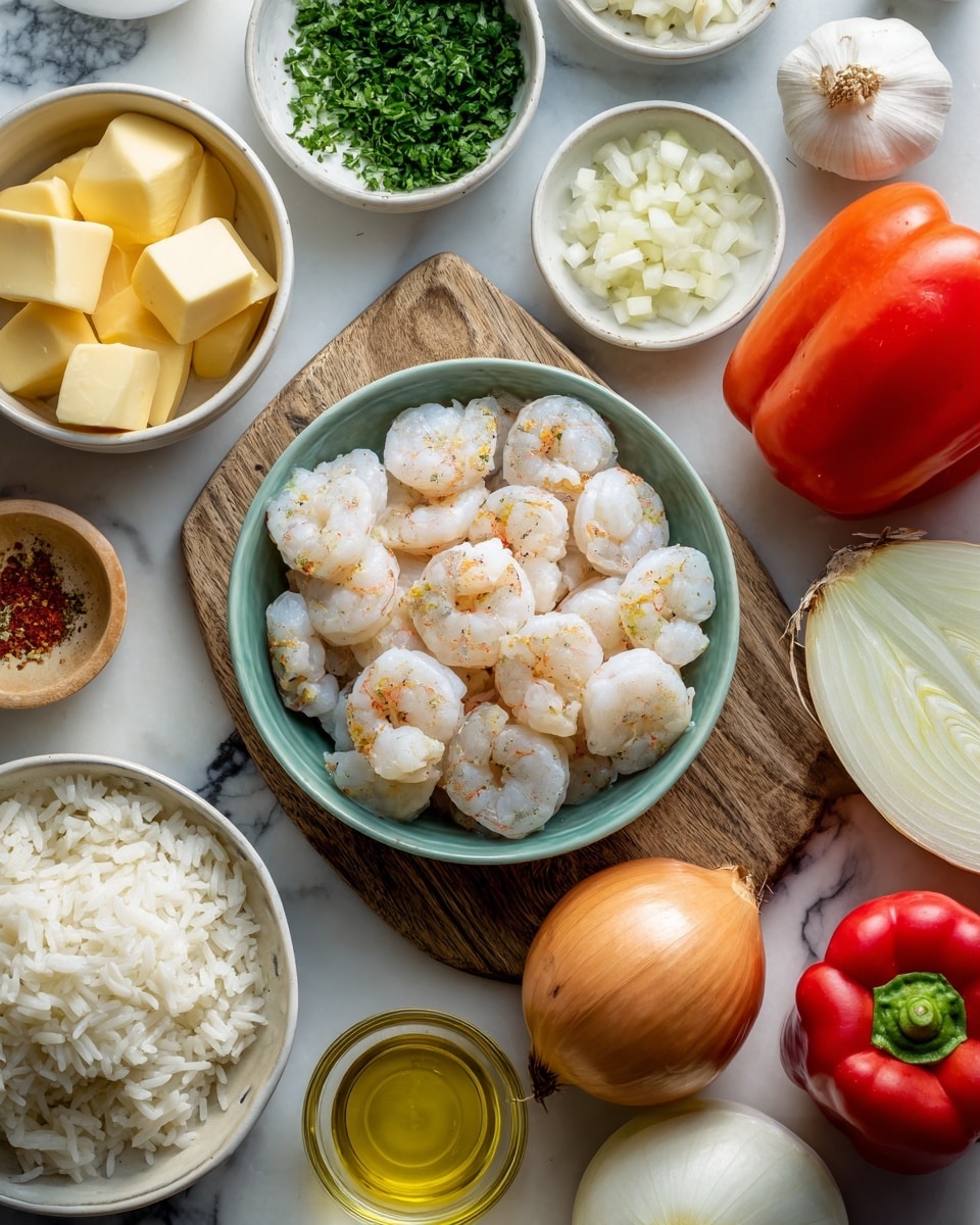 The image shows bowls and whole ingredients arranged on a white marbled surface, including a bowl of peeled shrimp with a light pink and white color sitting in the center on a wooden board, surrounding it are cubes of pale yellow butter in a bowl to the top left, a small bowl of green herbs, chopped white onions in a bowl to the upper right, a whole red bell pepper, a whole yellow onion, two garlic bulbs, a whole red tomato in a small bowl, a bowl filled with cooked white rice, and a small glass bowl with olive oil, all placed neatly without overlapping photo taken with an iphone --ar 4:5 --v 7