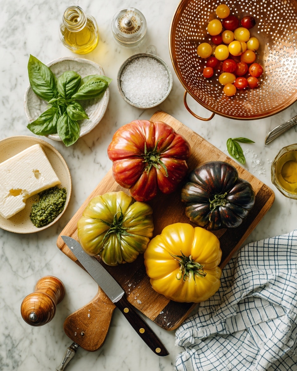The image shows a white marbled surface with a wooden cutting board holding four large heirloom tomatoes in shades of red, green, yellow, and dark purple. A beige bowl with a torn piece of soft white cheese sits near the tomatoes, alongside fresh green basil leaves in a small glass container. A perforated copper colander containing small yellow and red cherry tomatoes is placed above the cutting board. Around these, there is a small white bowl filled with coarse salt, a large kitchen knife, a small glass jar of green pesto with a silver spoon, a glass bottle of golden olive oil, a small glass bottle of vinegar, and a brass pepper grinder. A white cloth with a blue grid pattern is partially visible on the right. Photo taken with an iphone --ar 4:5 --v 7
