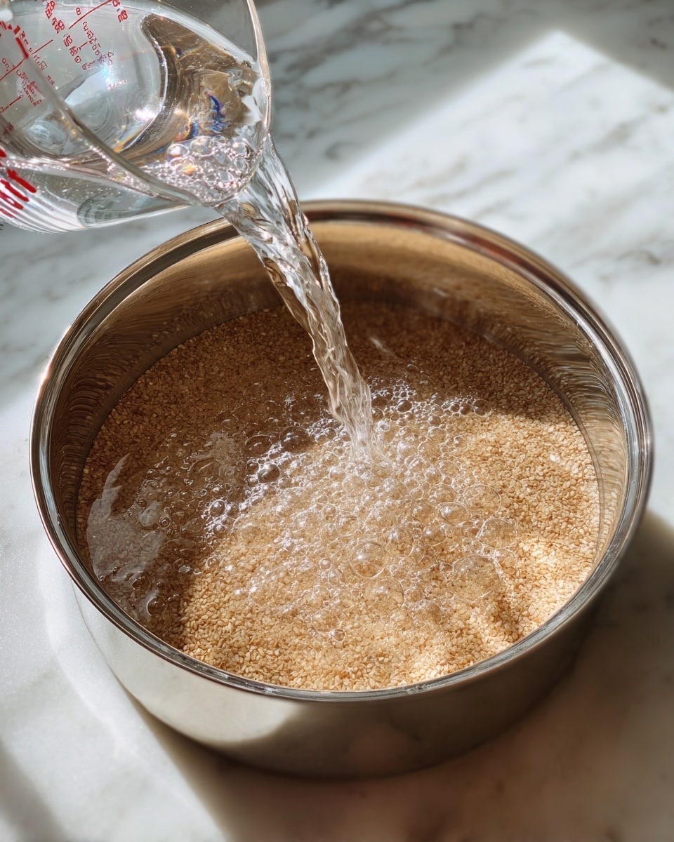 A close-up view inside a silver metal pot shows light brown grains spread evenly at the bottom, partially covered by clear water being poured from a transparent measuring cup marked with red letters. The water creates small bubbles on the surface of the grains. The pot sits on a white marbled surface. Photo taken with an iphone --ar 4:5 --v 7