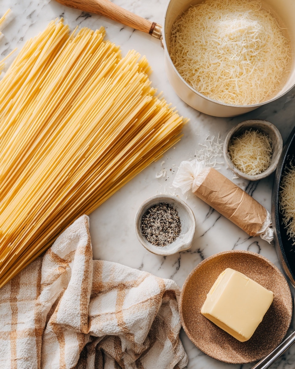 The image shows uncooked spaghetti pasta spread out in a neat pile on a white marbled surface, next to a beige and brown checkered cloth. To the right, there is a white pot with a wooden spoon resting inside. Nearby, a round brown plate holds a small clear bowl of grated cheese, a small white bowl filled with coarse black pepper, a wrapped stick of butter, and a small pat of butter placed on the plate. Part of a black pan is visible in the top right corner. The scene is warm and inviting, with soft natural lighting. photo taken with an iphone --ar 4:5 --v 7