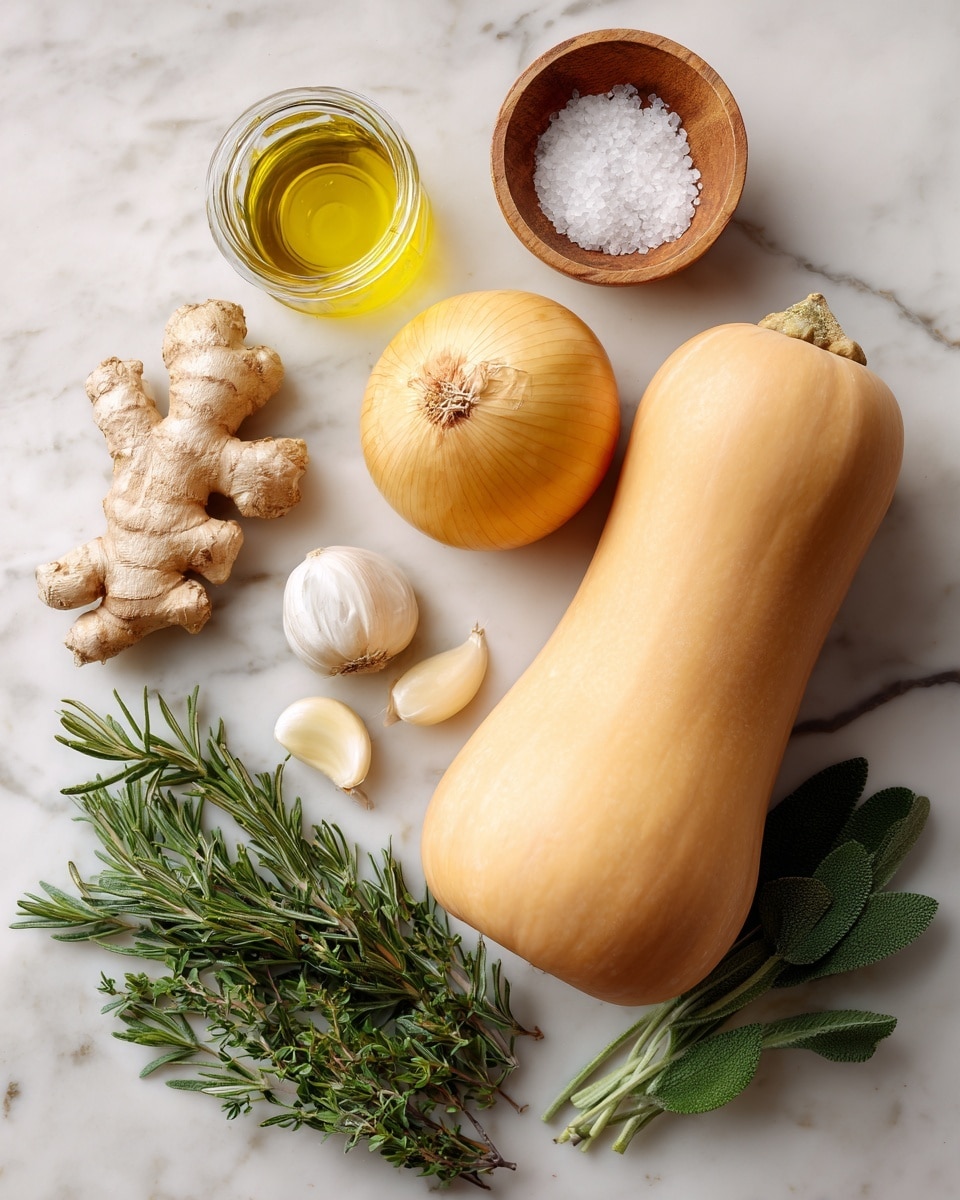 The image shows a flat lay of fresh cooking ingredients arranged on a white marbled surface. There is a large whole butternut squash on the right side with a smooth, light orange skin. To its left is a medium-sized round yellow onion with a smooth, shiny peel. Below the onion are two peeled garlic cloves in white. Above the onion is a small piece of fresh ginger root with a knobby, pale beige texture. Near the bottom left corner, there is a sprig of fresh green rosemary with needle-like leaves, and next to it a small bunch of fresh sage leaves with a soft, leafy texture and muted green color. A small glass jar with yellow olive oil is placed near the garlic, and above it is a small round wooden bowl with white salt in a spiral shape. The whole layout looks fresh and organized, photo taken with an iphone --ar 4:5 --v 7