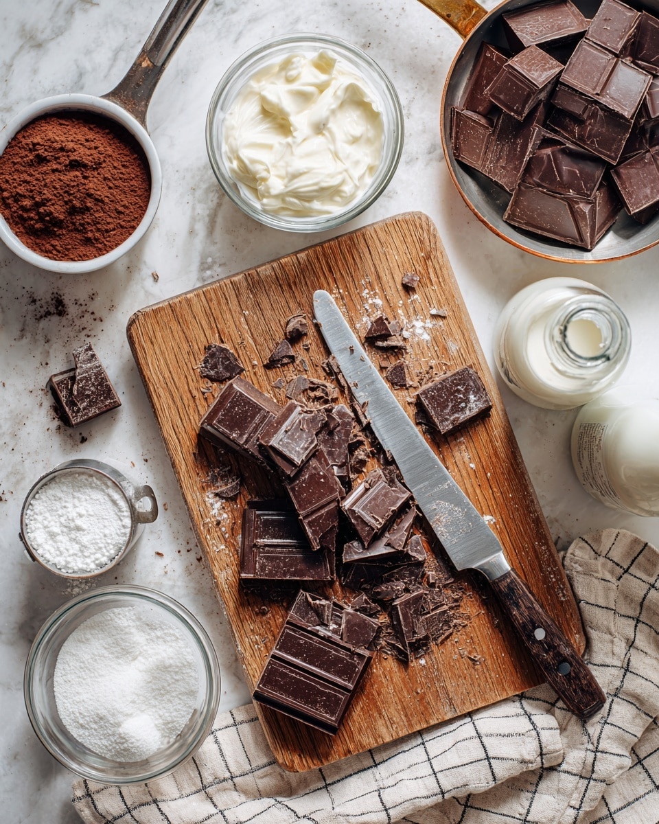 The image shows a wooden board on a white marbled surface with broken dark chocolate pieces scattered around a large shiny knife that has some chocolate crumbs on it. To the left, a small metal measuring cup filled with cocoa powder sits next to a glass bowl holding smooth white cream. Below these, a round glass container is filled with white sugar. To the top right of the board, there is a jar filled with milk and a small dark bottle beside it. In the background, a white bowl holds more pieces of dark chocolate, and a copper pan with a golden handle rests on a cream and black checkered cloth. Photo taken with an iphone --ar 4:5 --v 7