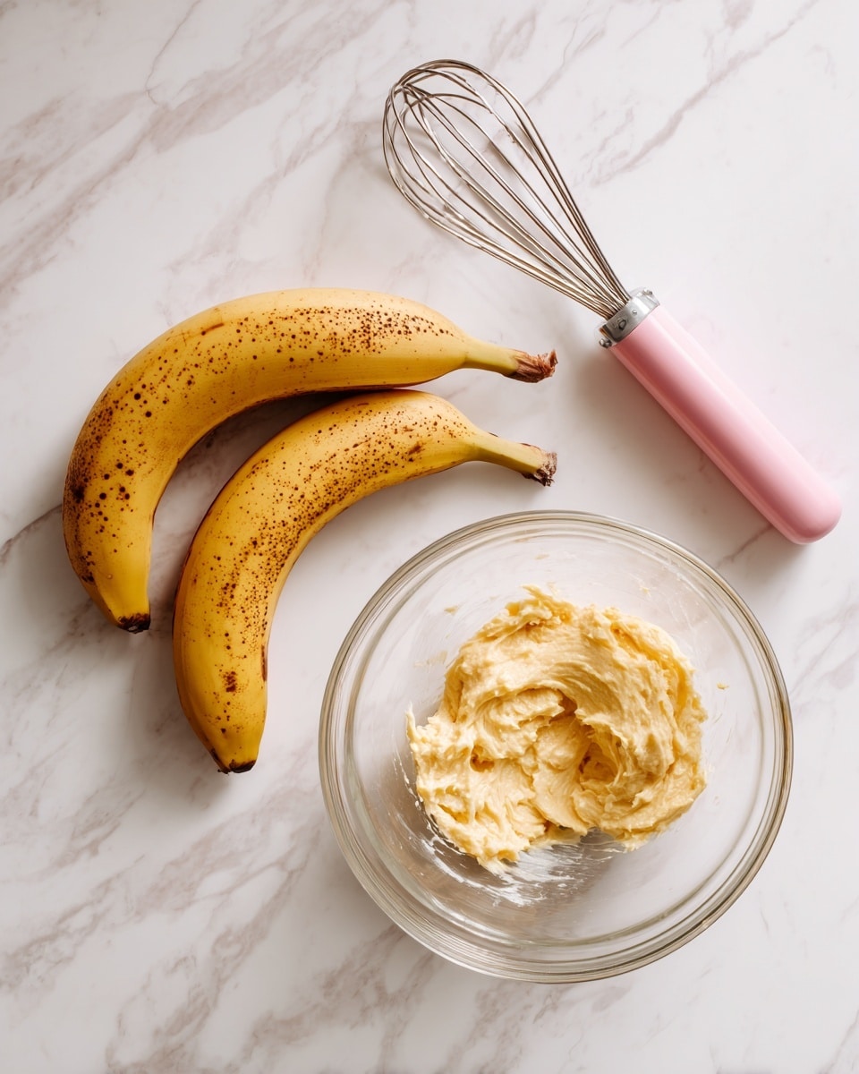 The image shows two parts side by side on a white marbled surface: on the left, three ripe bananas with brown spots and yellow skins are lying close together; on the right, a clear glass mixing bowl contains mashed banana mixture with a creamy texture, and above the bowl, the metal whisk attachment of a pink stand mixer is visible. Photo taken with an iphone --ar 4:5 --v 7