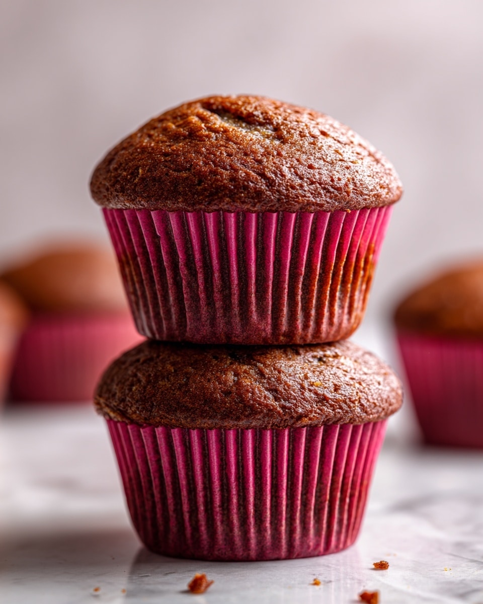 The image shows two brown muffins stacked on top of each other, with the top muffin slightly larger and domed with a rough texture. The muffins have deep reddish-brown paper liners with vertical ridges wrapping each one. In the background, there are more muffins blurred out, placed on a white marbled surface. Small crumbs lie scattered near the base of the muffins. The light is soft and natural, coming from the left side, making the muffins' texture and paper liners stand out photo taken with an iphone --ar 4:5 --v 7