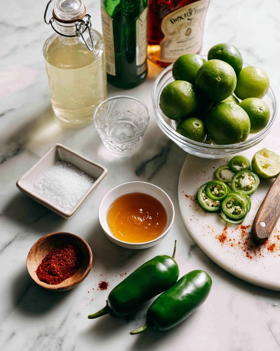 The image shows ingredients arranged on a white marbled surface to make a spicy drink or dish. In the front, there are two green jalapeño peppers lying side by side. A small white bowl filled with honey is placed in the center. To the left, a square white dish holds coarse salt. Above, there is a clear glass next to a bottle with a metal clasp containing a pale yellow liquid. Behind the glass, a tall green bottle stands next to a brown bottle of Cointreau liqueur. To the right, a small round wooden bowl contains red chili powder, slightly spilled onto the surface. Next to the bowl, a white round cutting board holds a wooden knife and several sliced green jalapeños. A clear glass bowl is filled with whole green limes, some piled one on top of the other. The background and surface are white with marbled texture. Photo taken with an iphone --ar 4:5 --v 7