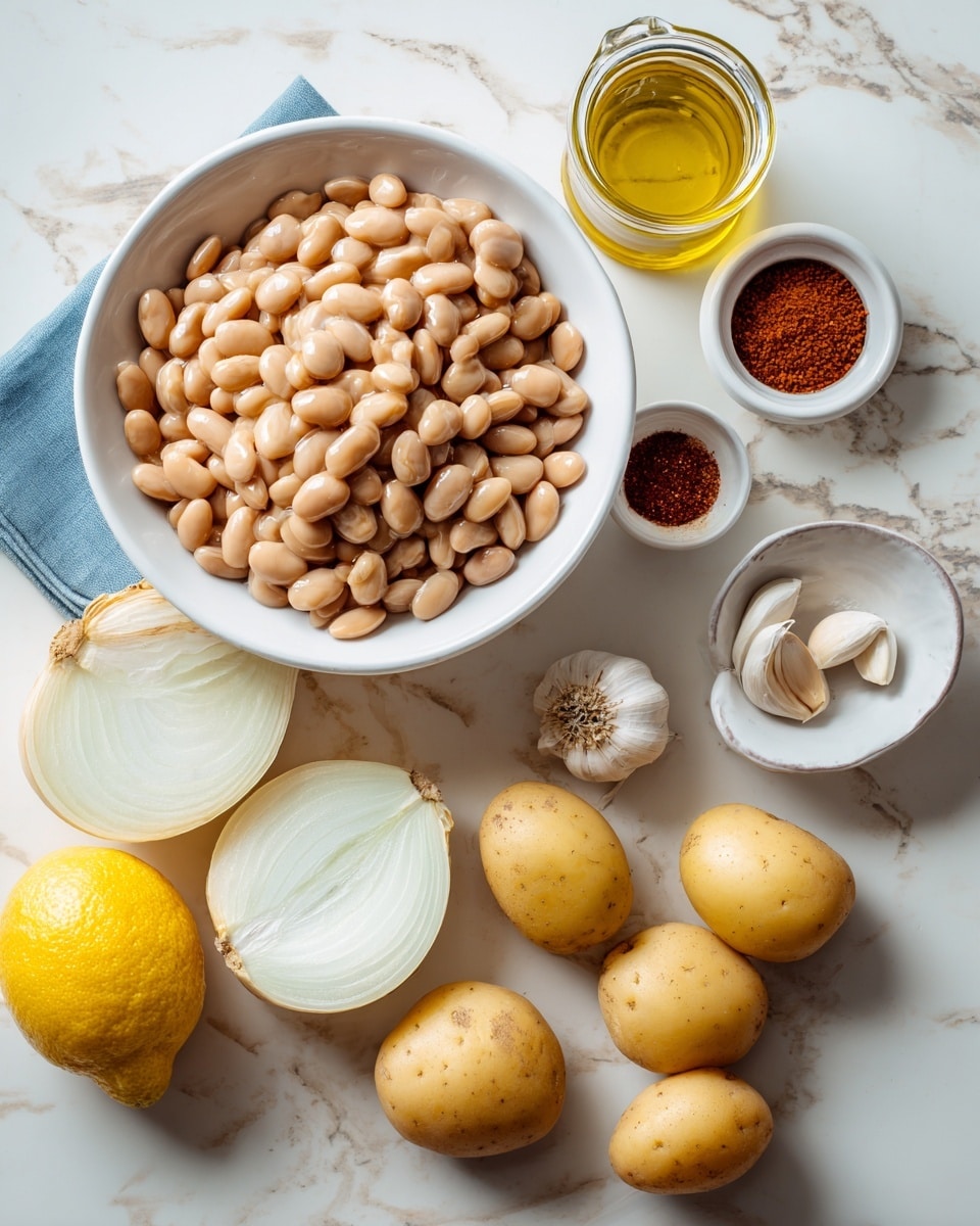 A white bowl filled with light tan dried beans sits on a white marbled surface, surrounded by raw ingredients arranged in a neat layout. There are two halves of a white onion showing their layers, four small yellow potatoes with smooth skin placed near the bottom right, three garlic cloves in the middle, and a bright yellow lemon resting nearby. Small white dishes hold a red spice and a small dollop of light brown mustard. A small glass jar filled with golden oil and an empty small white bowl with a blue inside complete the setup. Photo taken with an iphone --ar 4:5 --v 7