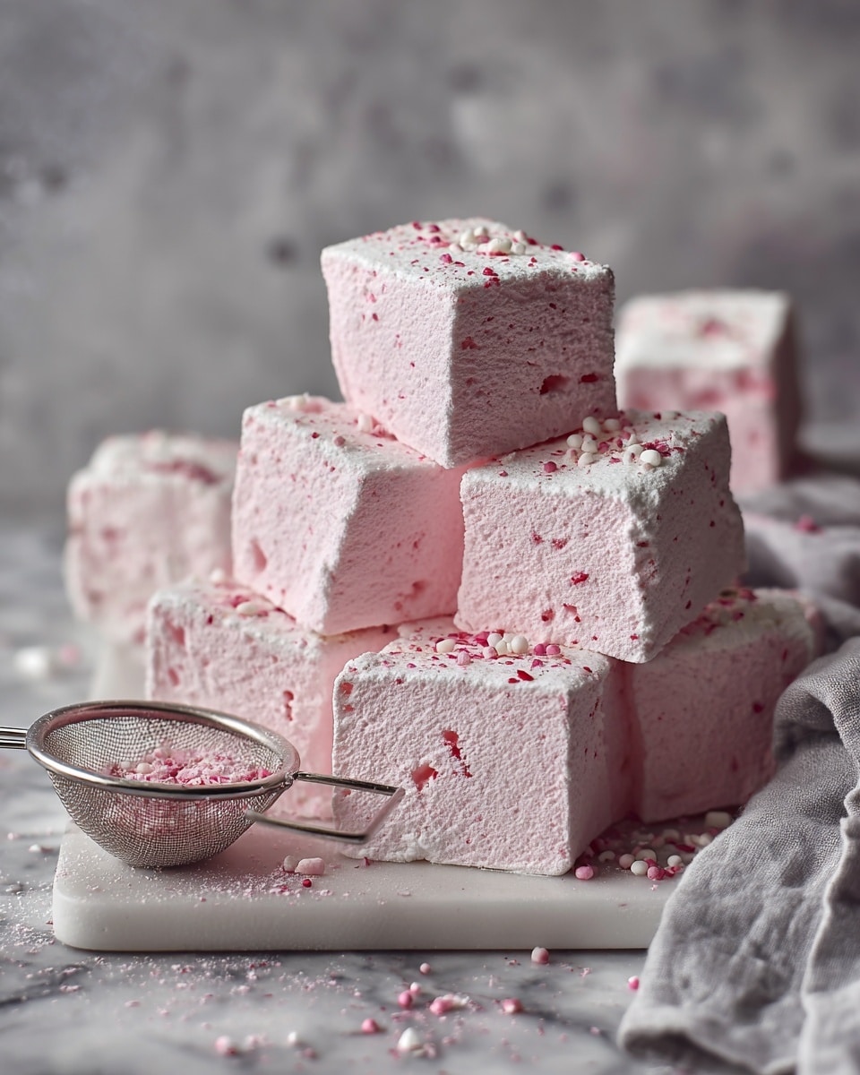 The image shows several large rectangular pink marshmallows stacked unevenly on top of each other on a white marbled surface. The marshmallows have a soft, airy texture and are dusted with a fine white powder and light red sprinkles. A small fine metal sieve with pink powder residue is placed on the left side in front of the marshmallows. The background has a grayish, out-of-focus texture, and a gray cloth is casually lying on the right side. photo taken with an iphone --ar 4:5 --v 7