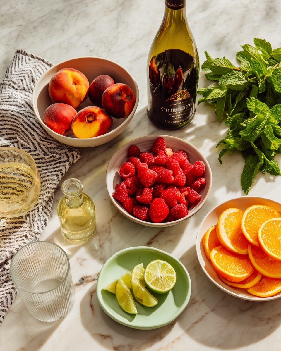 The image shows a white marbled table with a bottle of white wine and a dark brown bottle of Cointreau in the center. Around them are three white bowls: one filled with whole peaches, another with sliced strawberries and raspberries, and the last one with several slices of bright orange blood orange. In front of these bowls, there is a small pale green plate with lime slices. To the side, there is a small glass bottle with light yellow liquid, two empty ribbed clear glasses, a folded plaid cloth, and some fresh green mint leaves. The scene is bright and fresh, with clean and simple arrangement, photo taken with an iphone --ar 4:5 --v 7