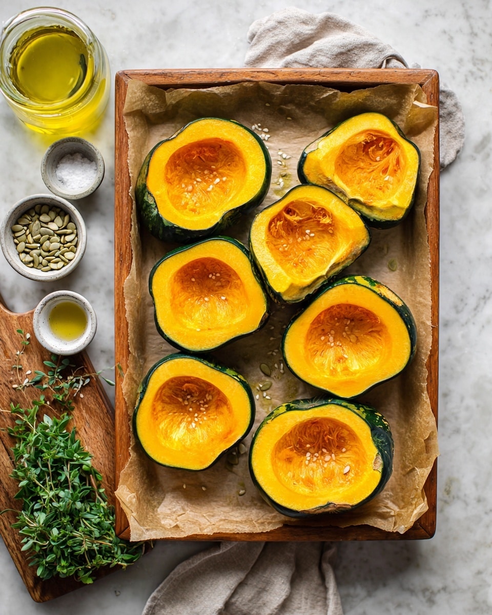 The image shows a baking tray lined with parchment paper holding eight halves of bright orange squash, each hollowed out in the center. The squash pieces have dark green skin around their edges and are placed neatly on the tray in two rows. Around the tray, there are small white bowls with seeds, a small glass jar with yellow oil, and a bunch of fresh green herbs on a wooden board. All items sit on a white marbled surface. photo taken with an iphone --ar 4:5 --v 7