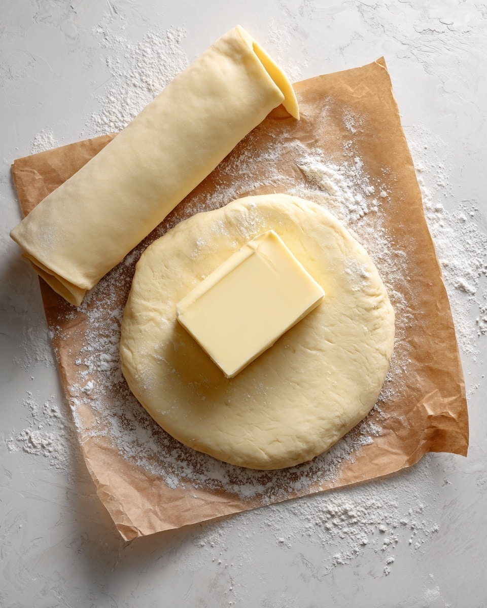 A smooth, flat, round layer of dough with a pale yellow color lies on a piece of brown parchment paper sprinkled with white flour, all placed on a white marbled surface. On top of the dough, near the center, is a solid rectangular block of butter with a creamy yellow shade. Resting on the left side of the dough is a rolled sheet of dough matching the round layer in color and texture, slightly curled and smooth. photo taken with an iphone --ar 4:5 --v 7