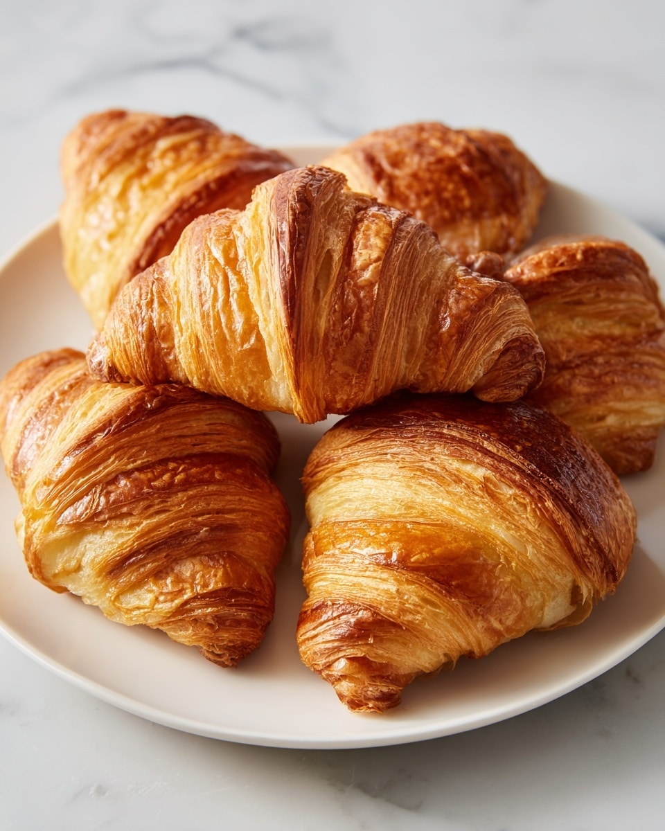 A white round plate holds six golden brown croissants arranged in a loose pile, showing their flaky, layered texture and shiny baked surface. Each croissant has visible, crisp layers that curl from the wider base to the pointed tip, with varied shades of golden and darker brown from baking. The plate sits on a white marbled surface, giving a clean and bright background that contrasts with the warm tones of the croissants. The image shows the croissants close up, emphasizing their puffed, airy layers and slight shine on the crust. photo taken with an iphone --ar 4:5 --v 7