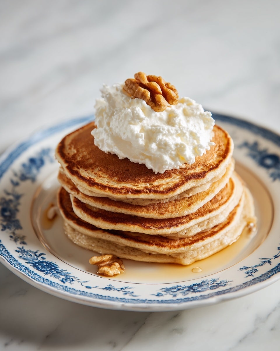 A stack of four golden brown pancakes sits in the center of a white plate with a blue patterned rim. On top of the pancakes is a large dollop of white whipped cream with a soft, fluffy texture. Next to the whipped cream, there is a single walnut piece resting on the top pancake. Some light syrup is drizzled around the pancakes, adding a slight shine to the stack. The plate is placed on a white marbled surface. photo taken with an iphone --ar 4:5 --v 7