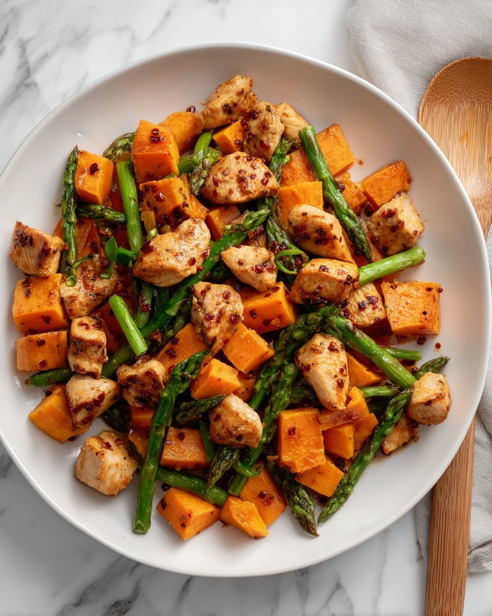 A white round plate holds a colorful dish arranged in several layers. The bottom layer has bright orange cubed sweet potatoes with a slightly soft texture. Mixed among the sweet potatoes are small green asparagus spears, placed randomly and showing a slight shine. On top and around these vegetables are pieces of golden-brown cooked chicken chunks, seared with small pepper and chili flakes visible, giving a textured and seasoned look. The plate sits on a white marbled surface, and a wooden spoon lies to the side. The lighting highlights the freshness and mild gloss on the food photo taken with an iphone --ar 4:5 --v 7